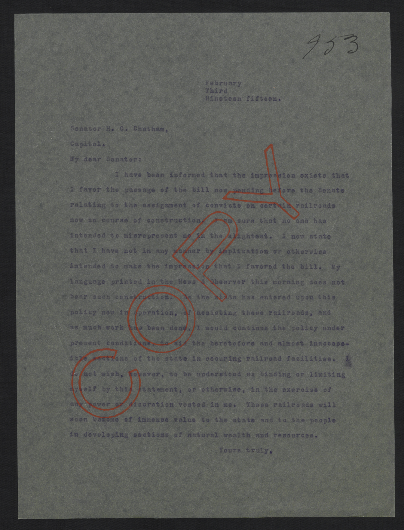 Letter from Craig to Chatham, February 3, 1915