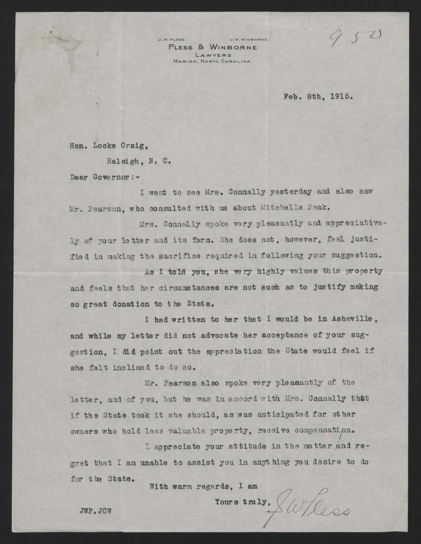 Letter from Pless to Craig, February 8, 1915