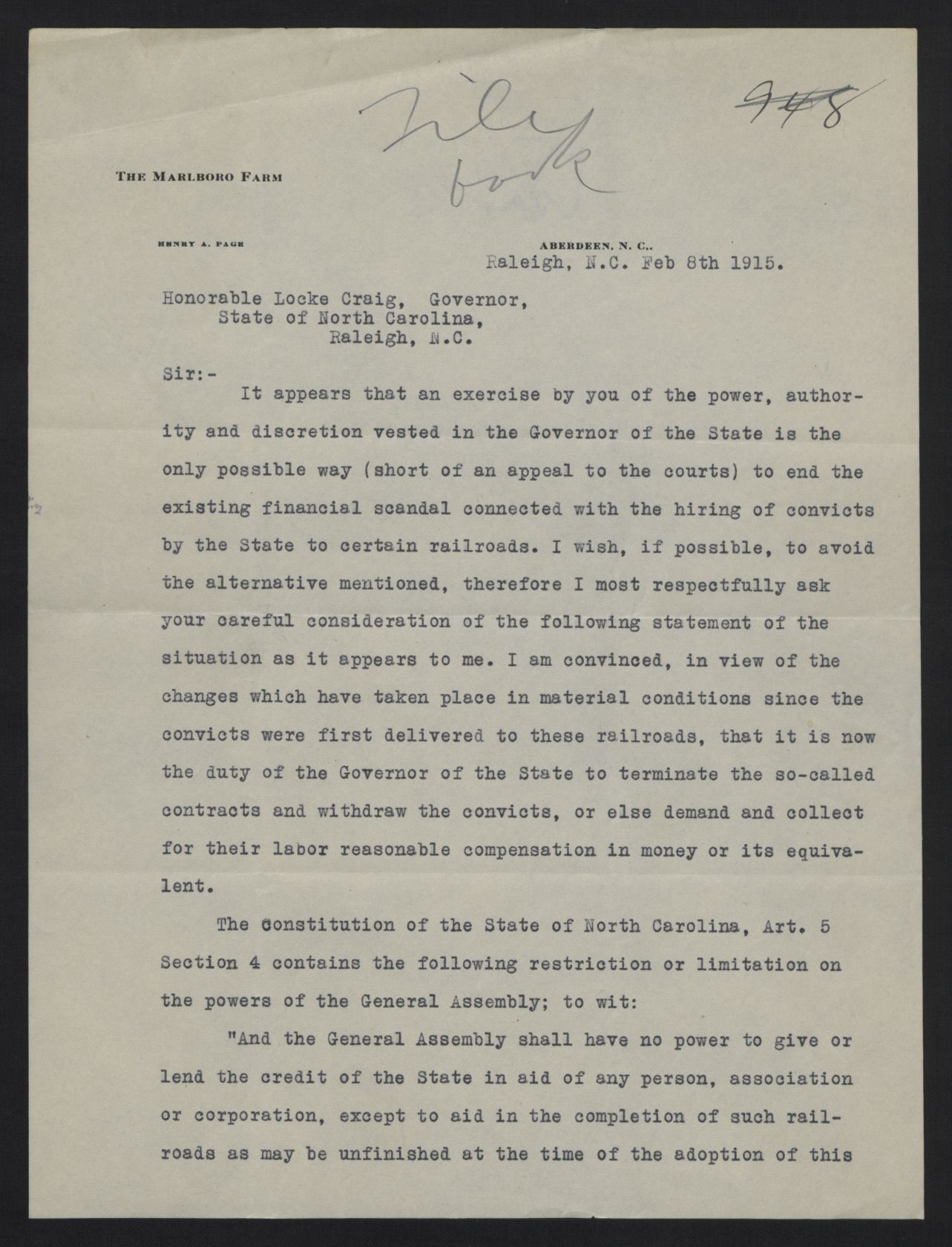 Letter from Page to Craig, February 8, 1915, page 1