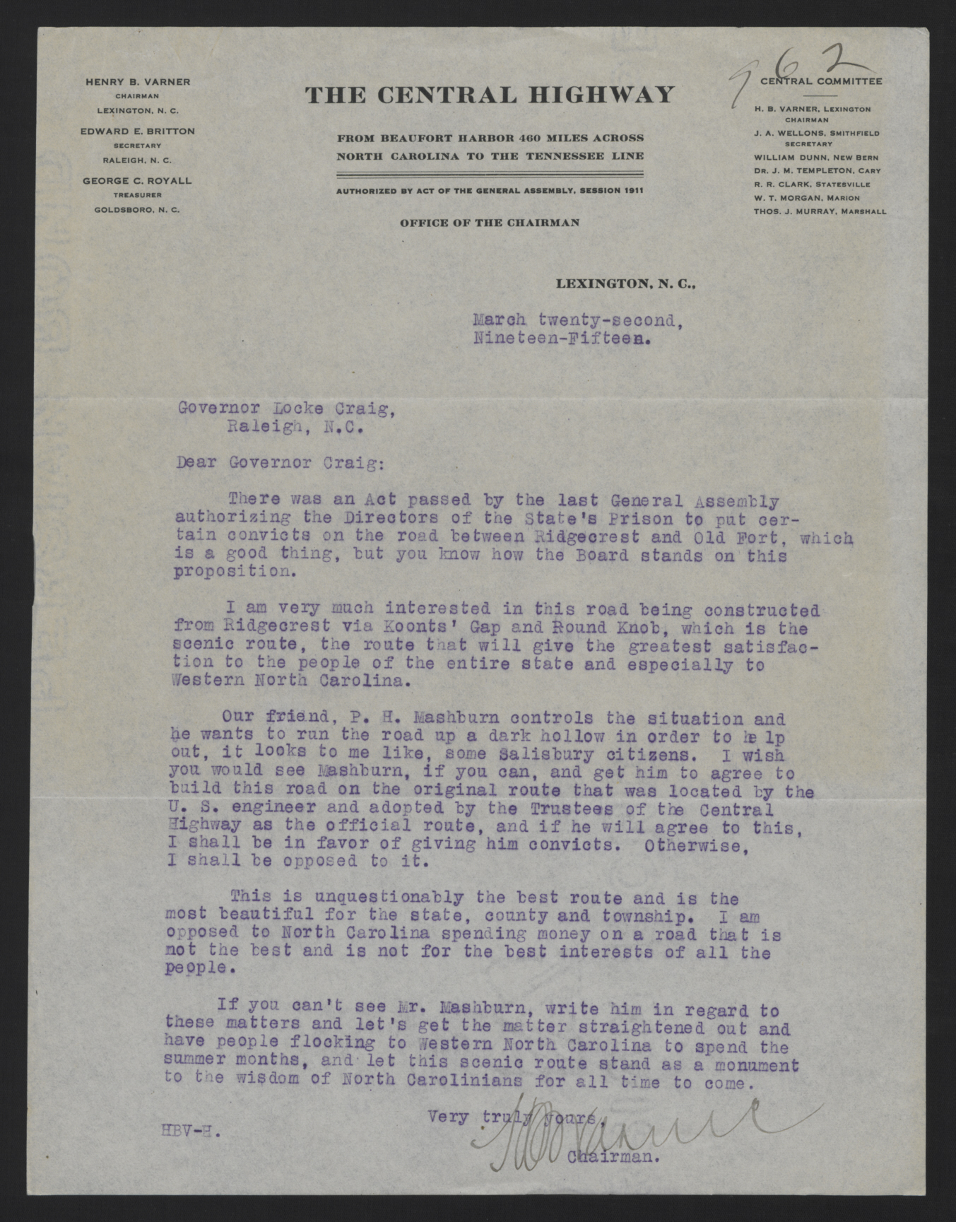 Letter from Varner to Craig, March 22, 1915