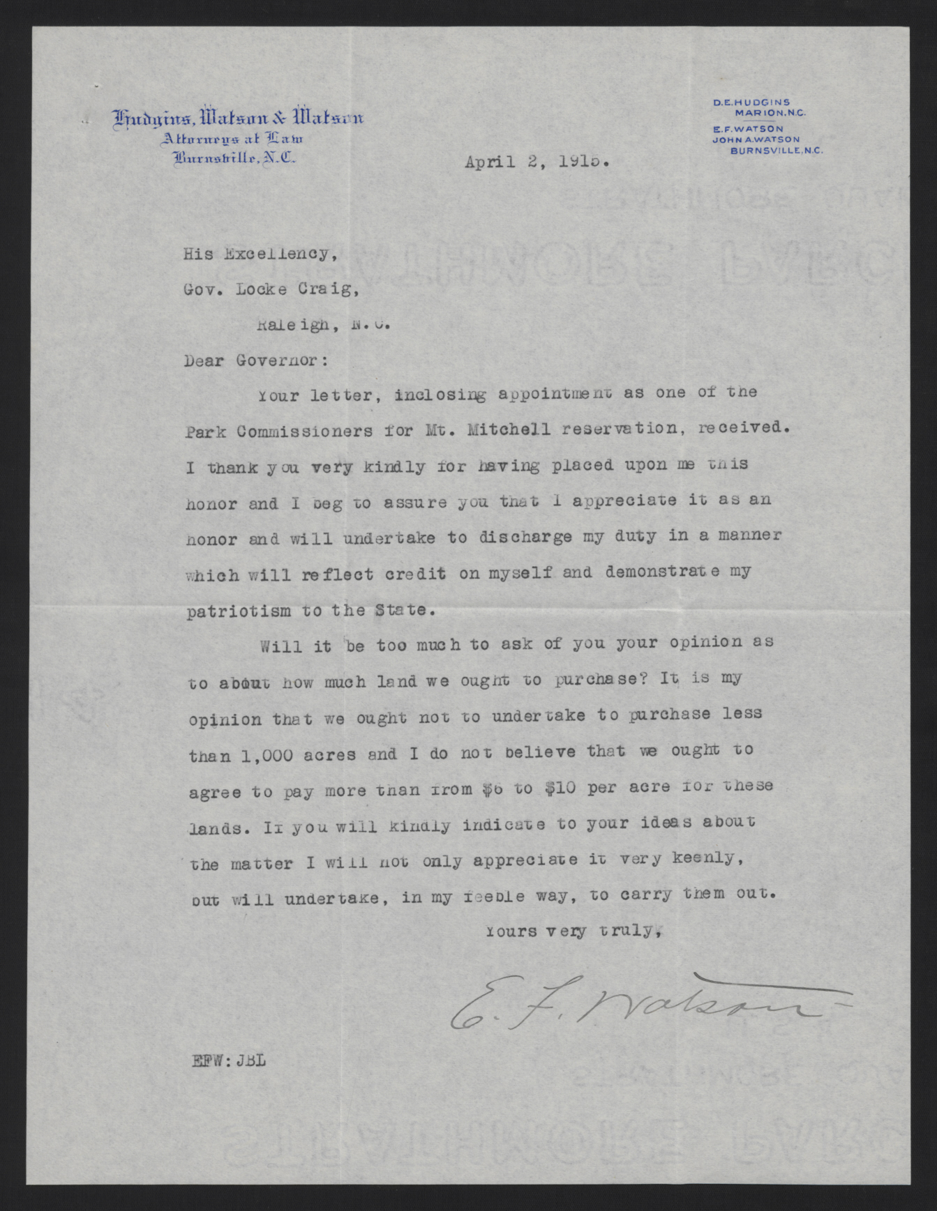 Letter from Watson to Craig, April 2, 1915