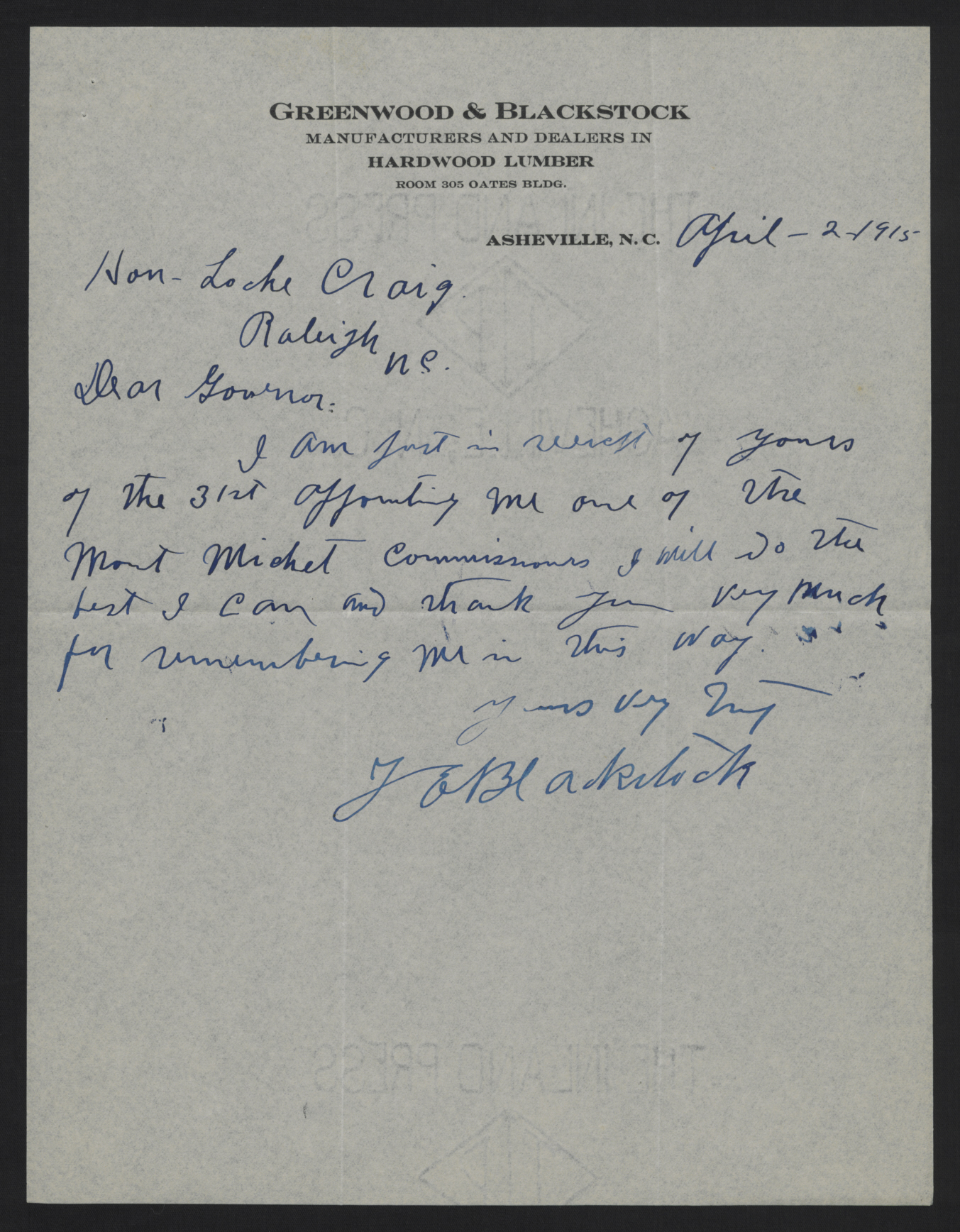 Letter from Blackstock to Craig, April 2, 1915