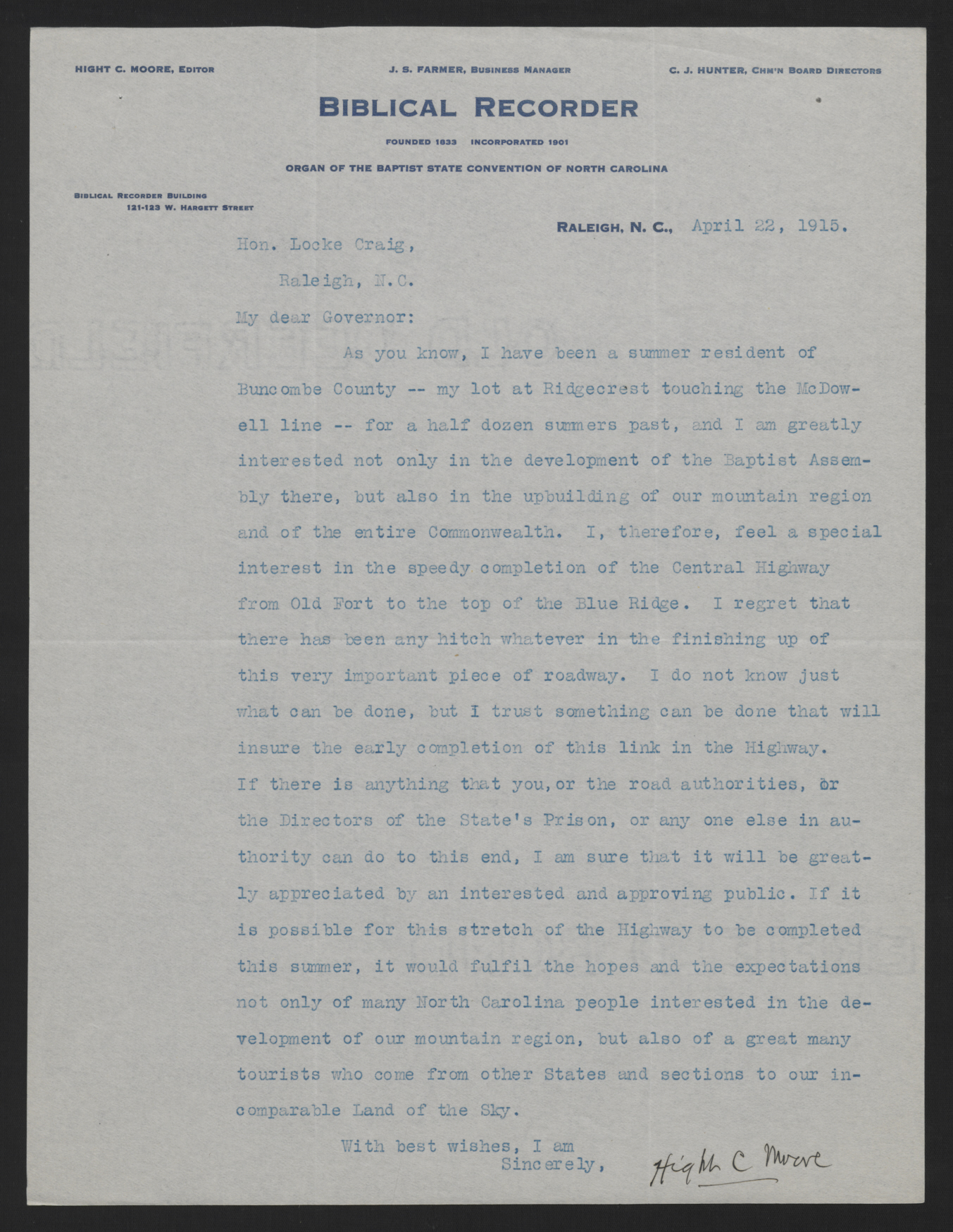 Letter from Moore to Craig, April 22, 1915