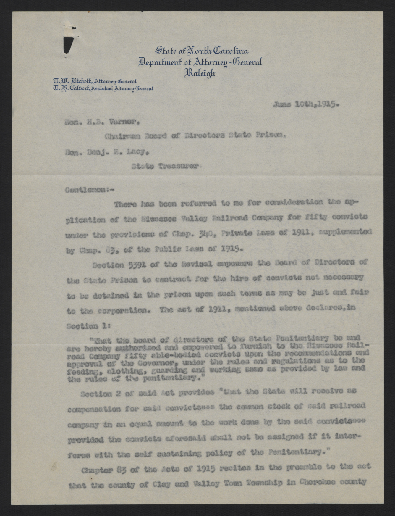 Letter from Bickett to Varner and Lacy, June 10, 1915, page 1