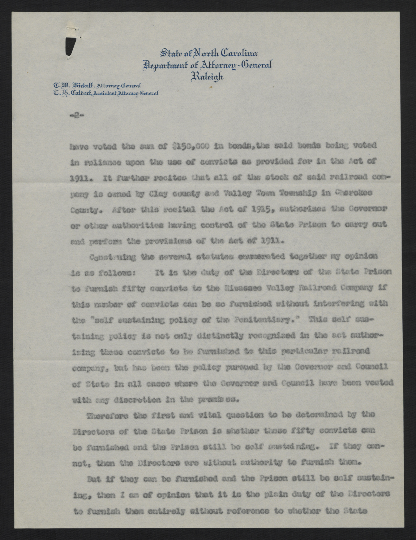Letter from Bickett to Varner and Lacy, June 10, 1915, page 2