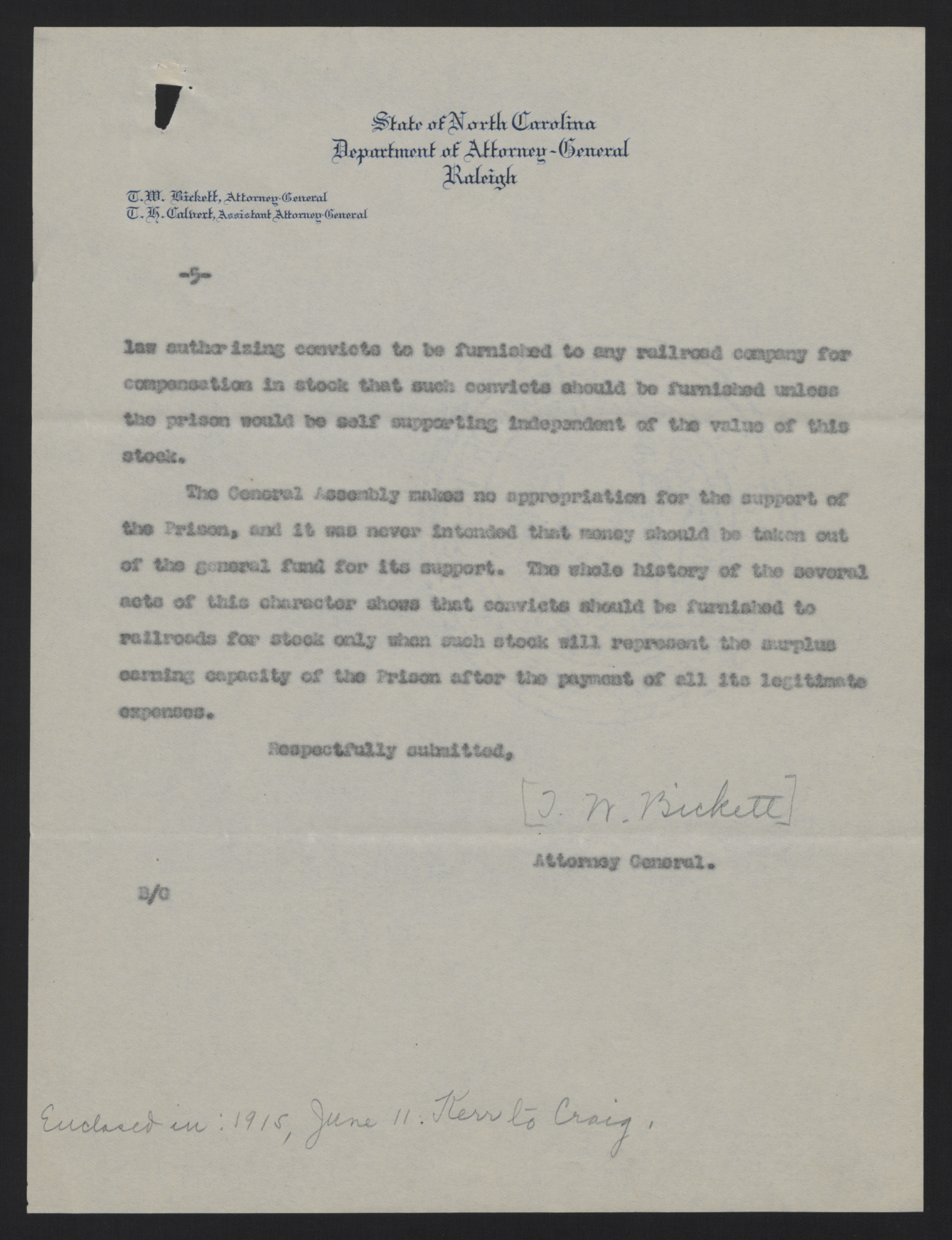 Letter from Bickett to Varner and Lacy, June 10, 1915, page 5