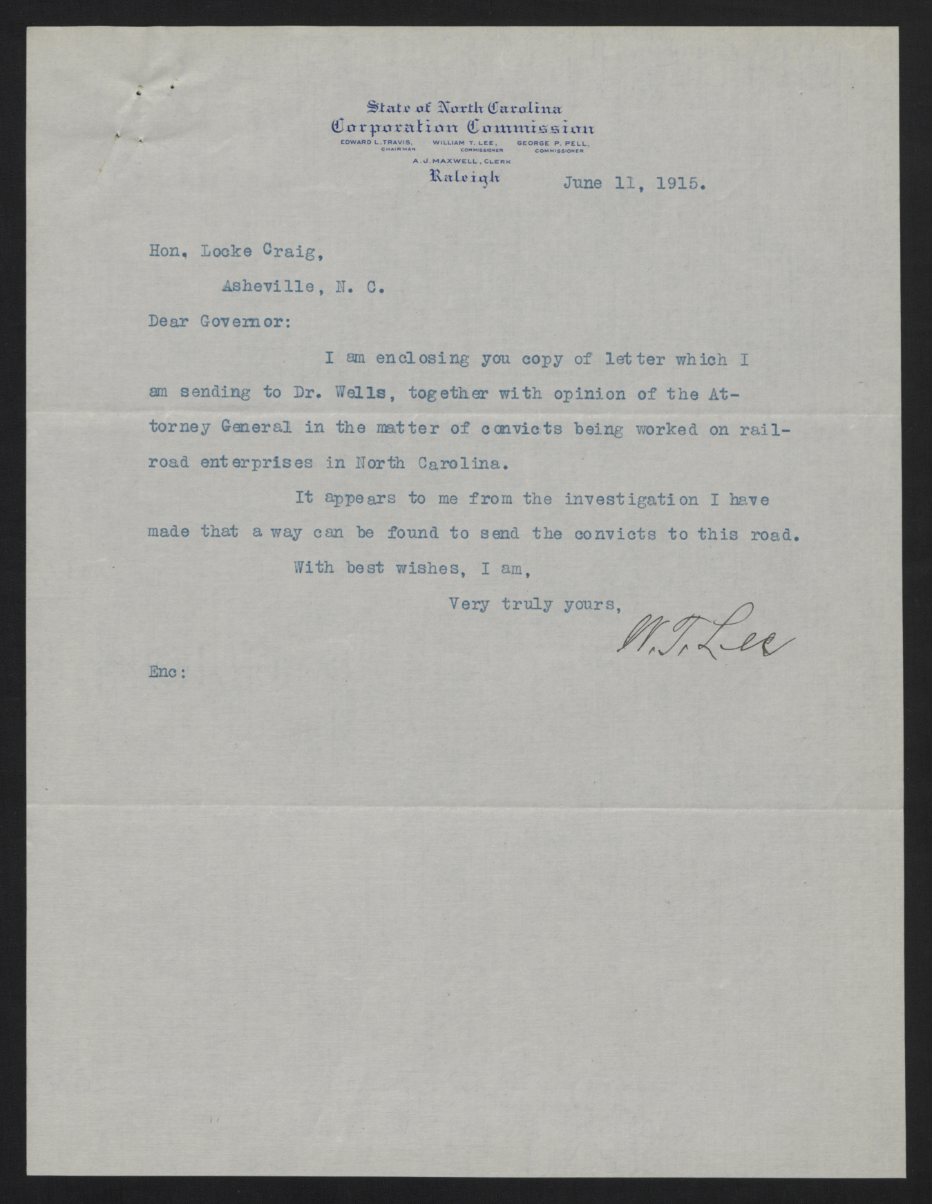 Letter from Lee to Craig, June 11, 1915
