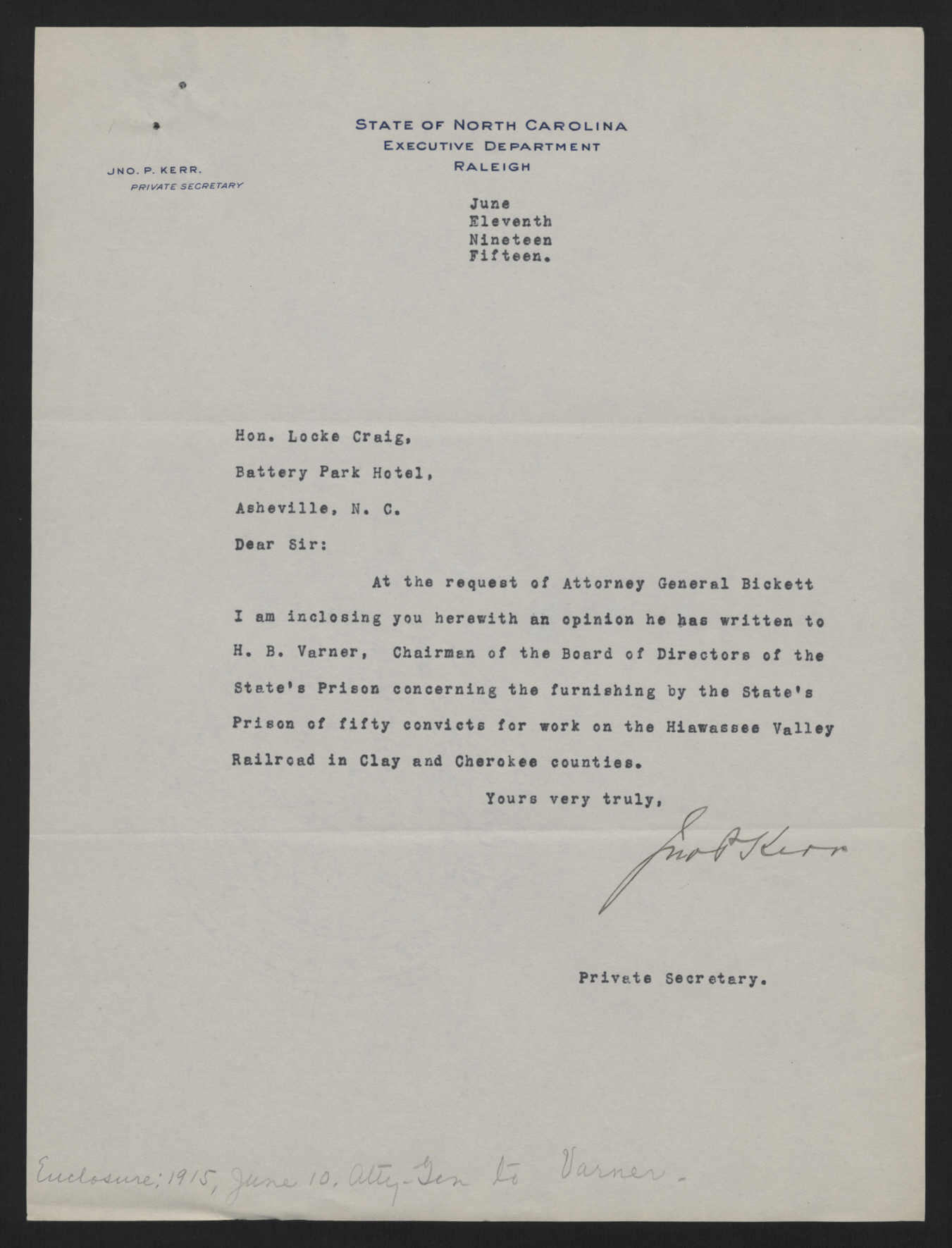 Letter from Kerr to Craig, June 11, 1915