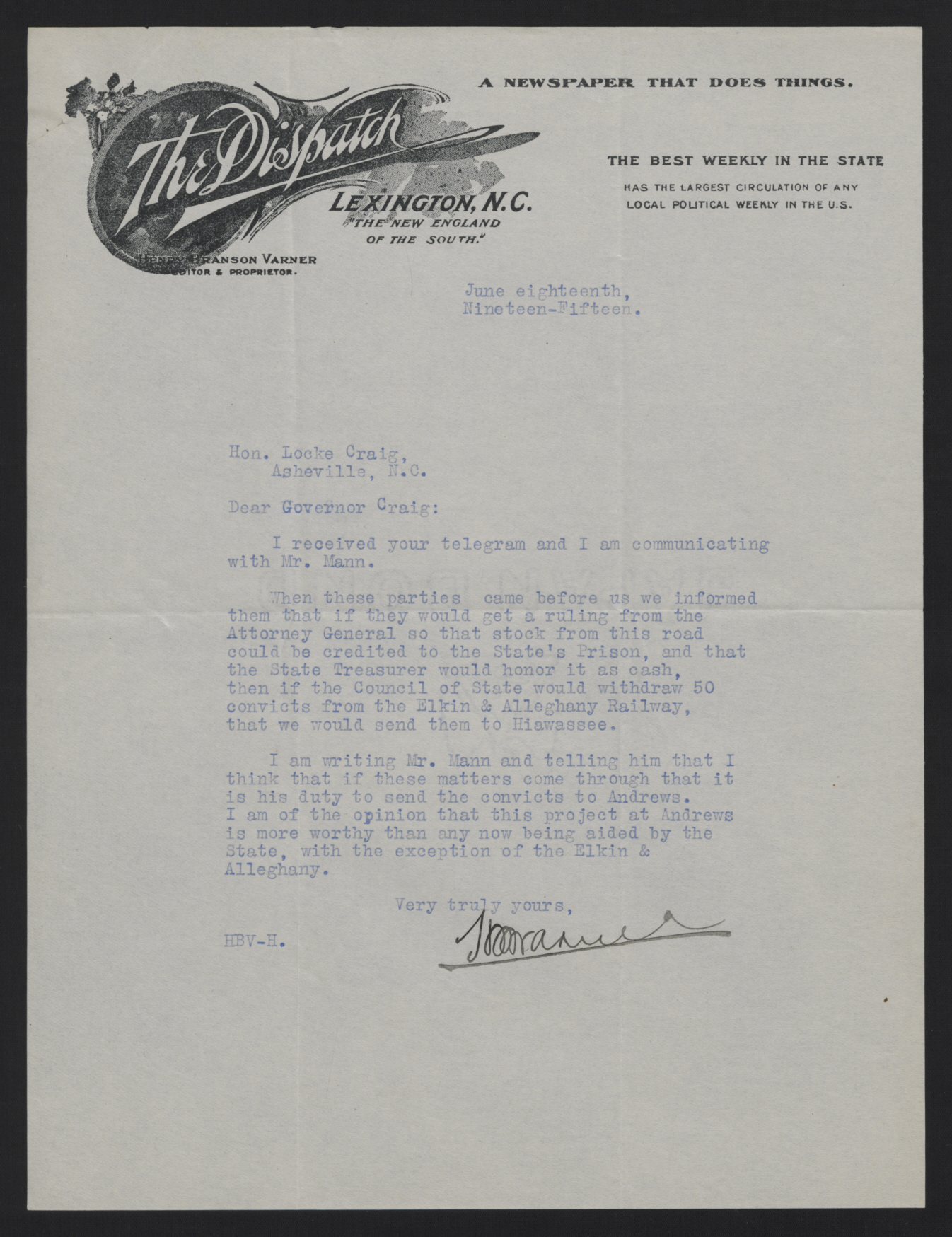 Letter from Varner to Craig, June 18, 1915