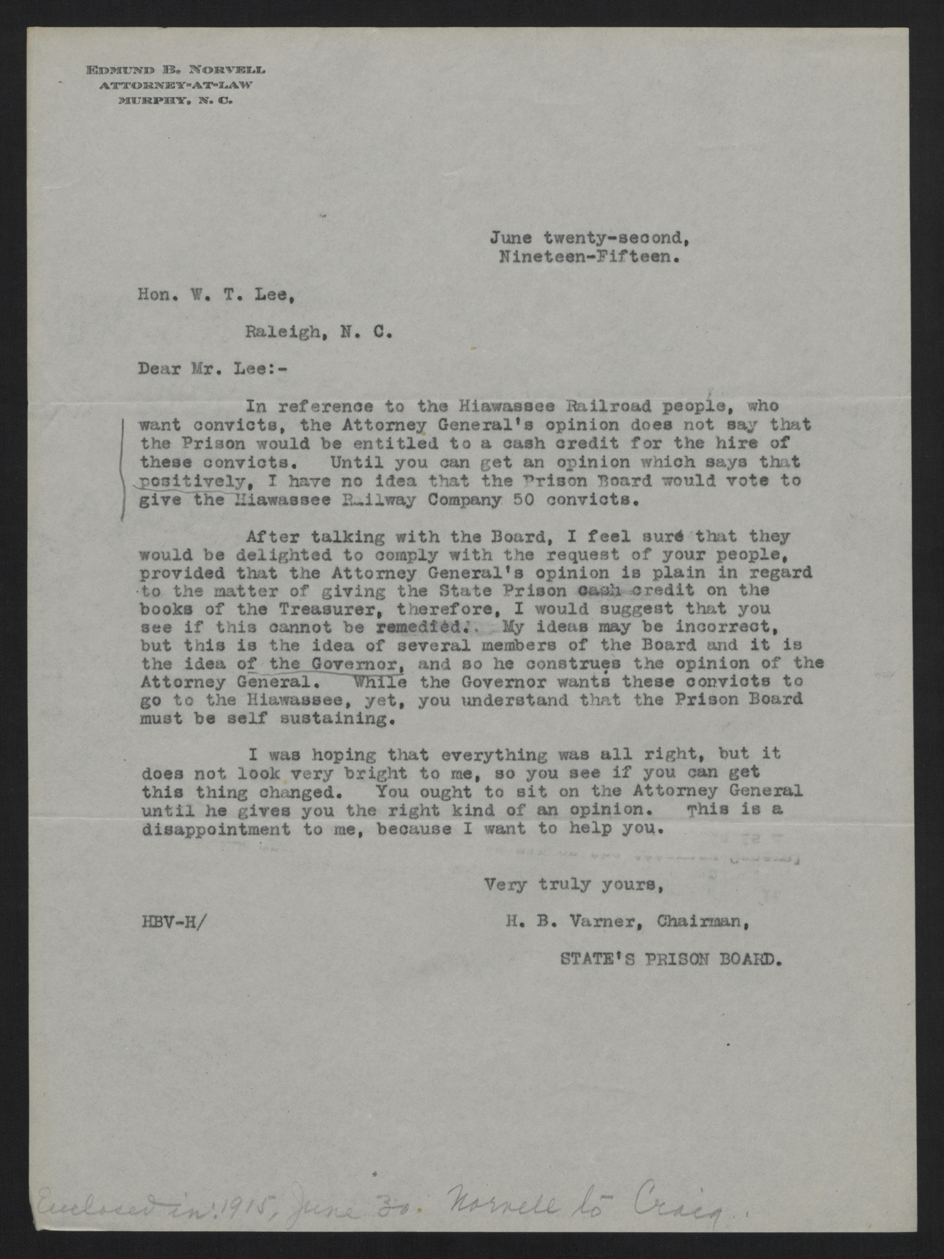 Letter from Varner to Lee, June 22, 1915