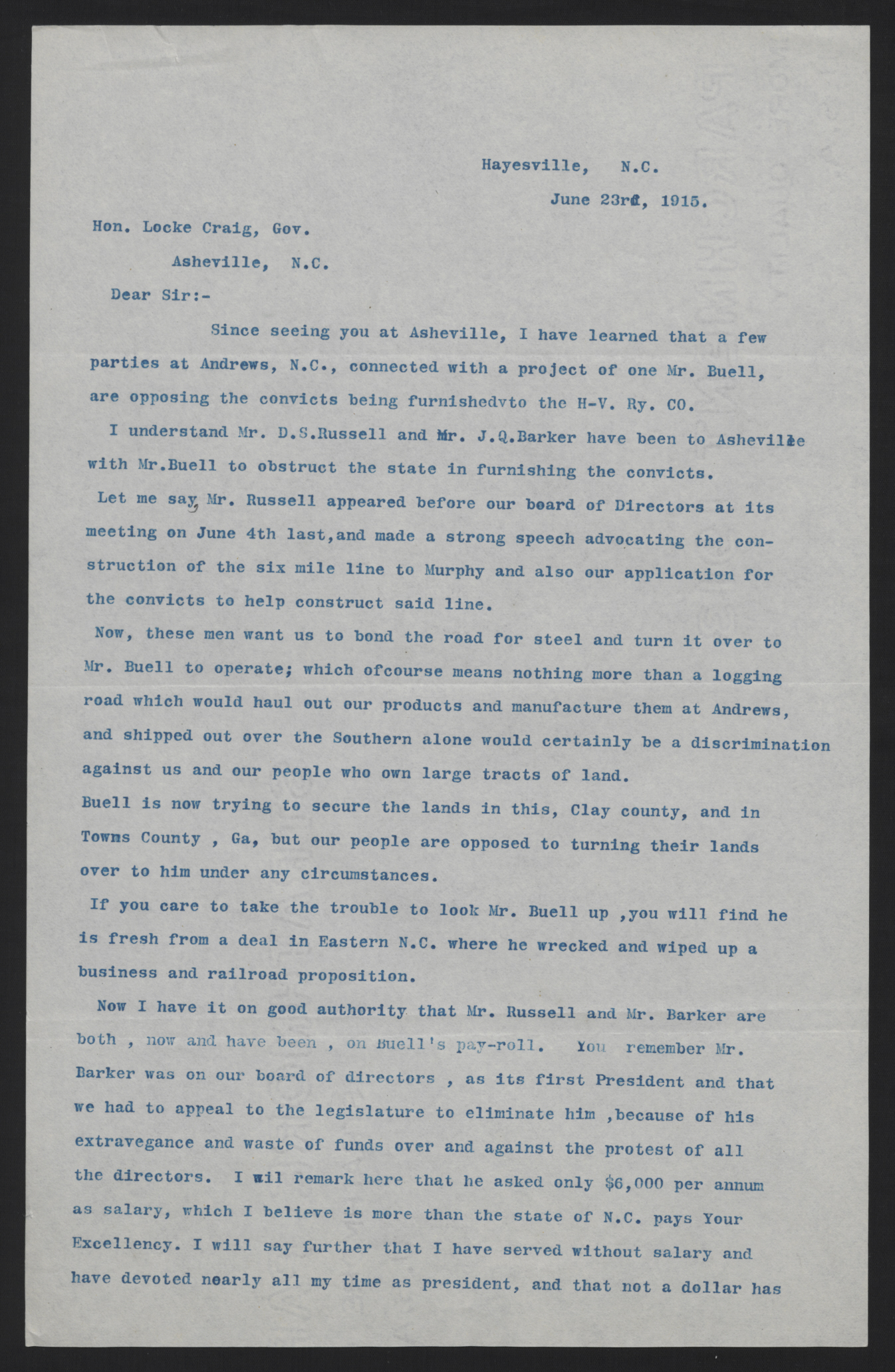 Letter from Anderson to Craig, June 23, 1915, page 1