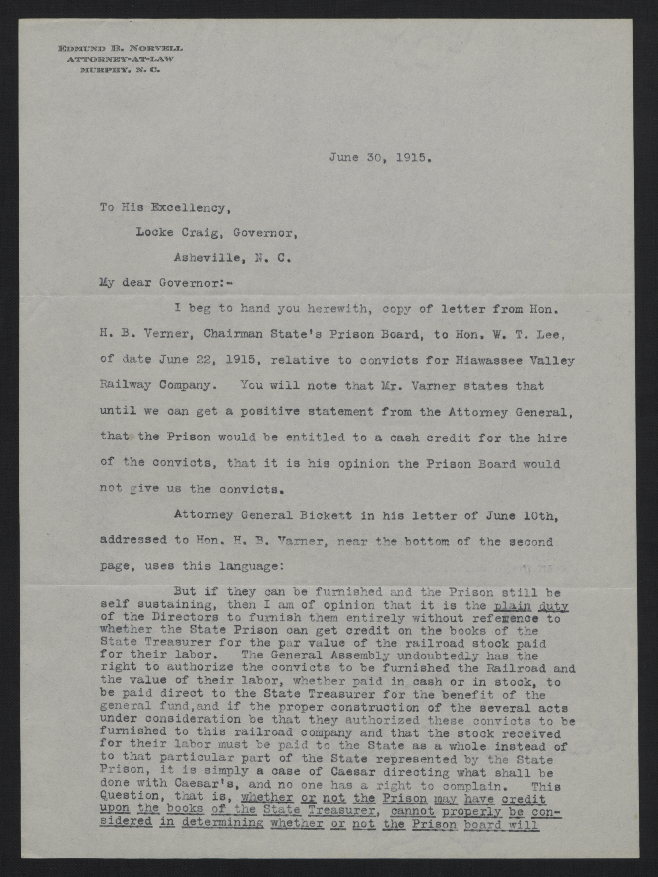 Letter from Norvell to Craig, June 30, 1915, page 1