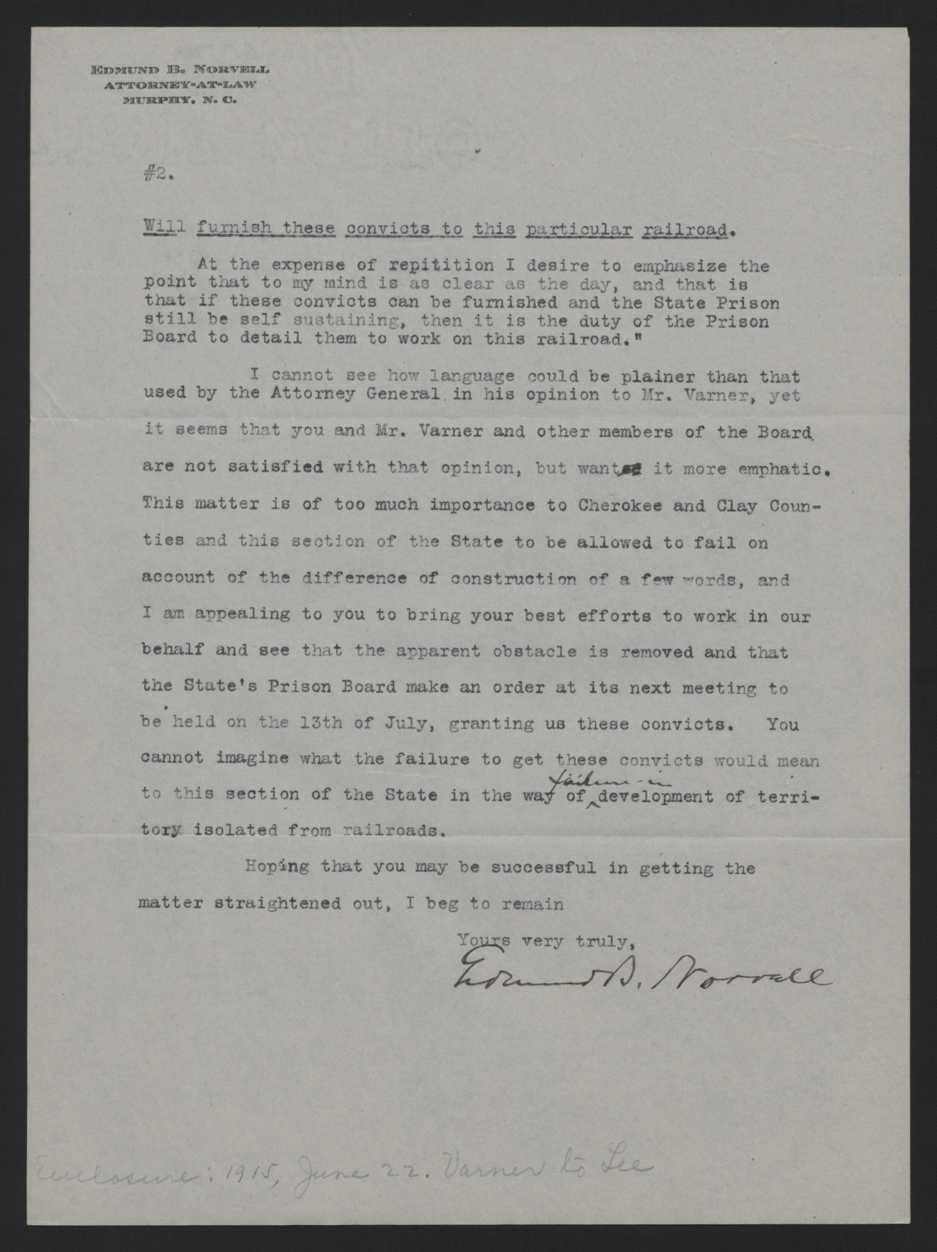Letter from Norvell to Craig, June 30, 1915, page 2