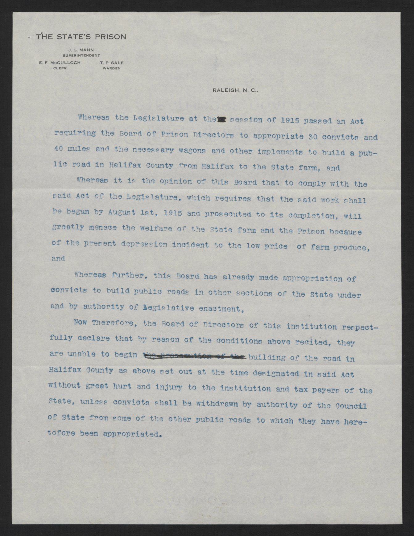 Resolution of the North Carolina State Prison Board, Circa July 1915