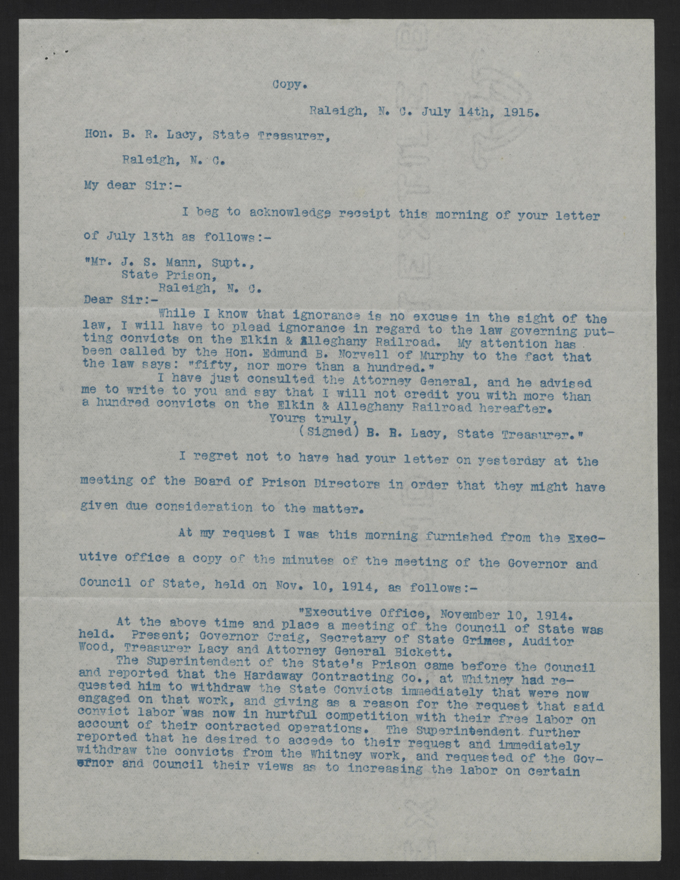 Letter from Mann to Lacy, July 14, 1915, page 1