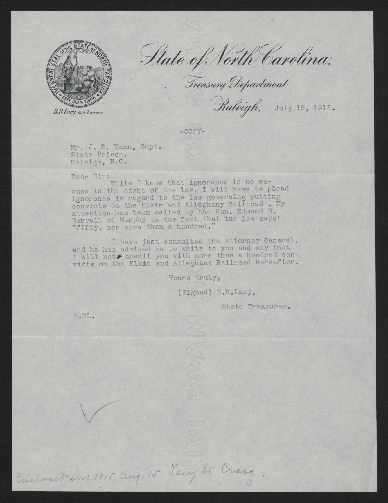 Letter from Lacy to Mann, July 15, 1915