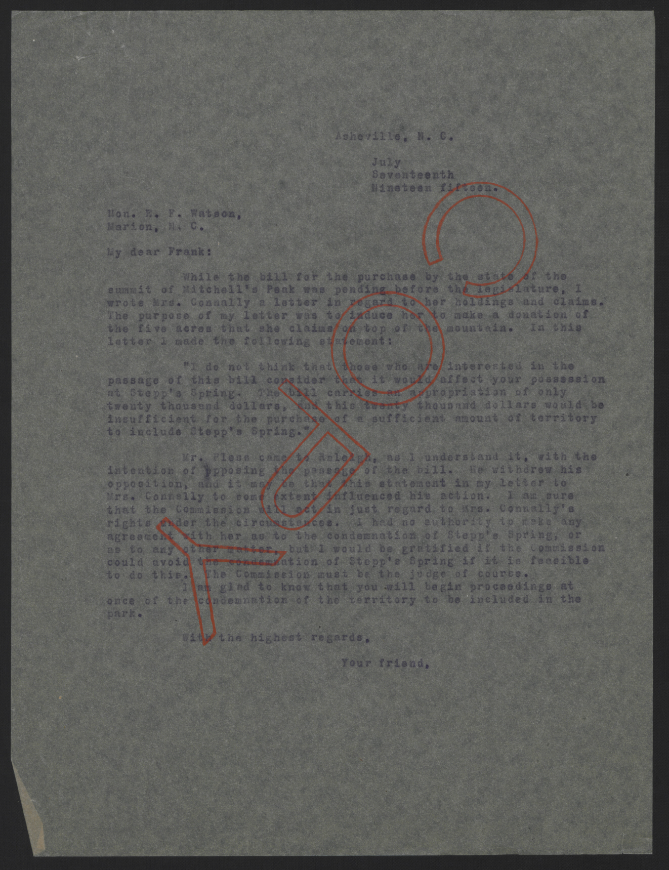 Letter from Craig to Watson, July 17, 1915