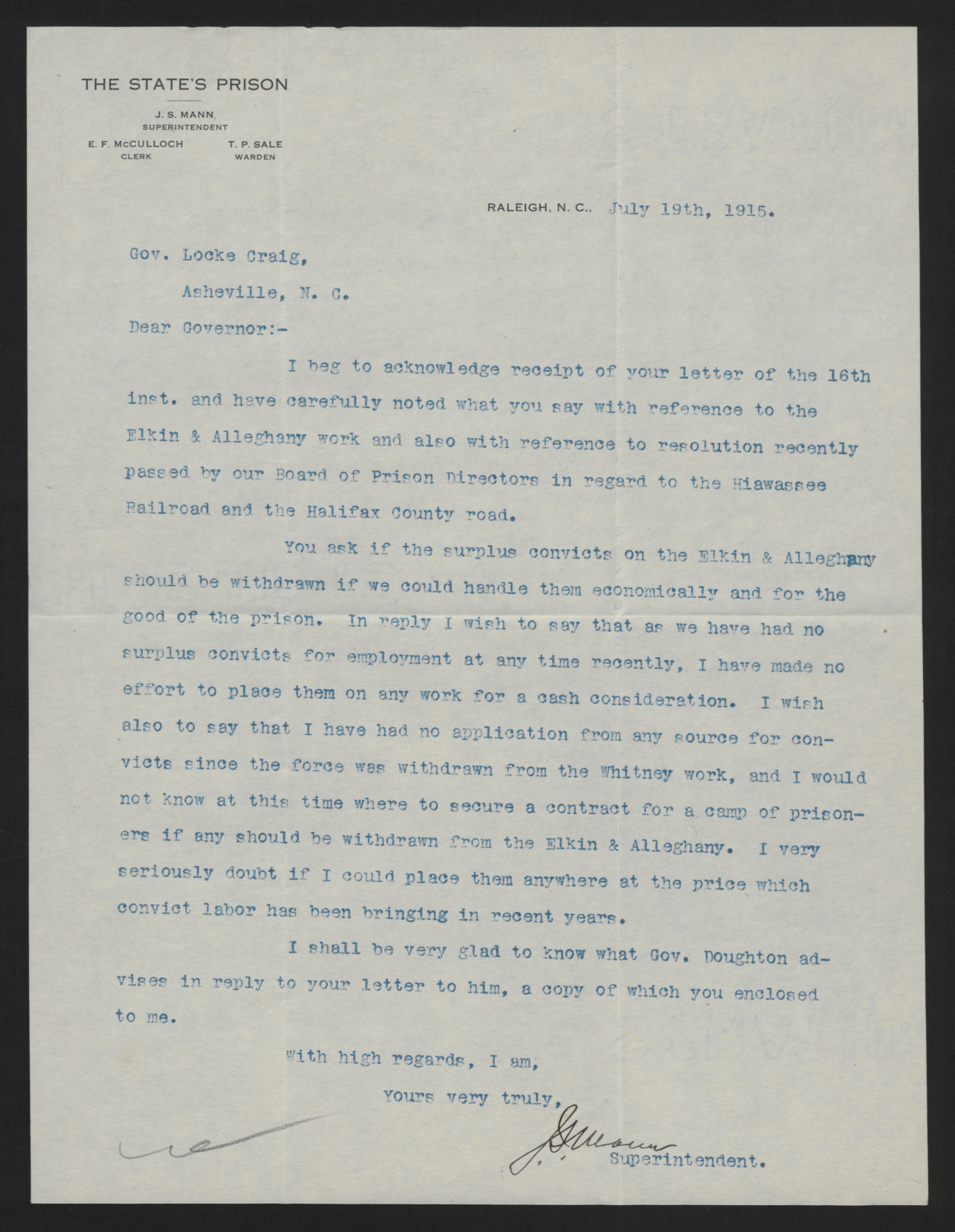 Letter from Mann to Craig, July 19, 1915