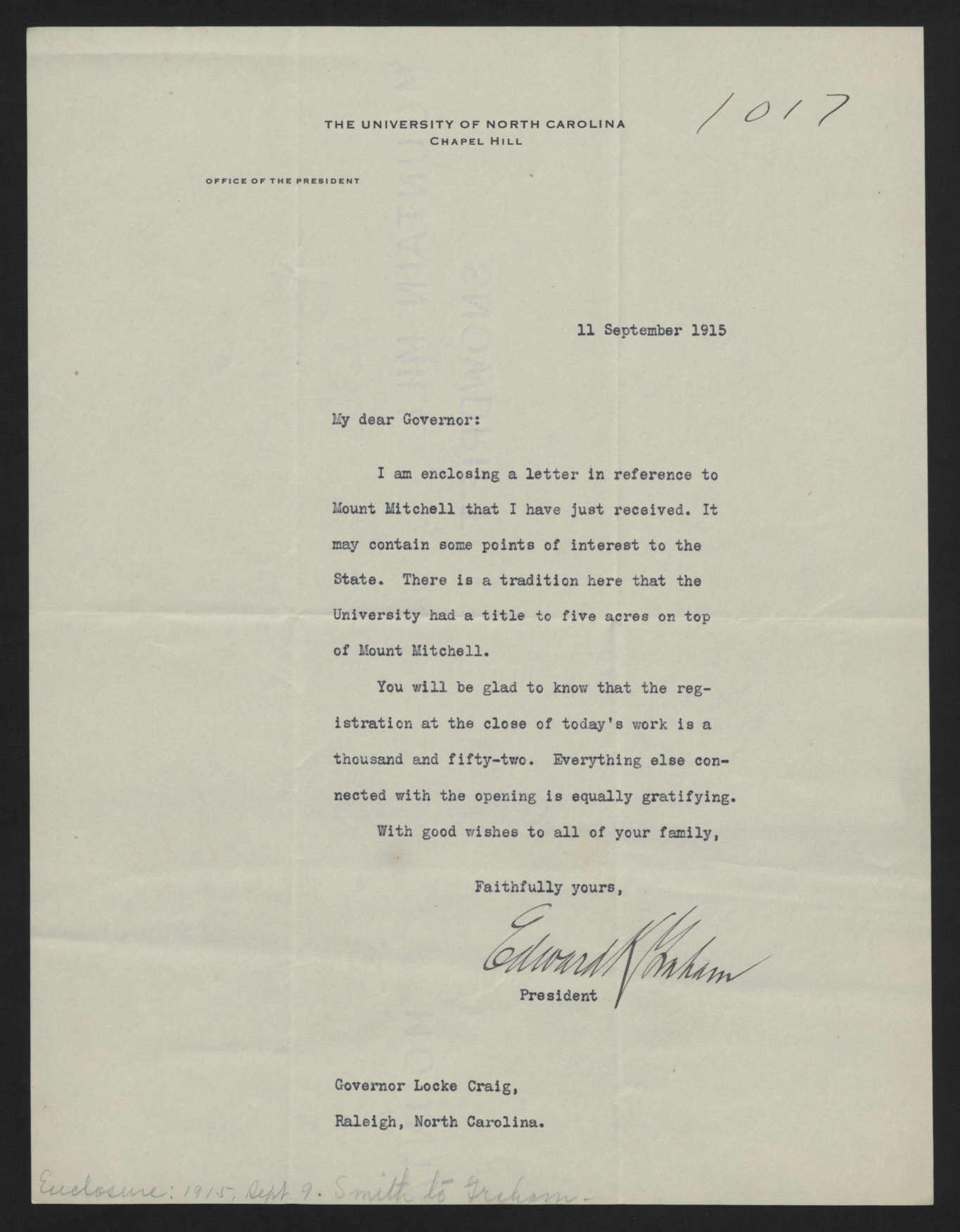 Letter from Graham to Craig, September 11, 1915