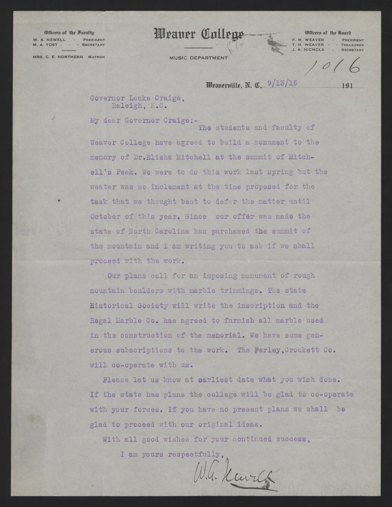 Letter from Newell to Craig, September 13, 1915