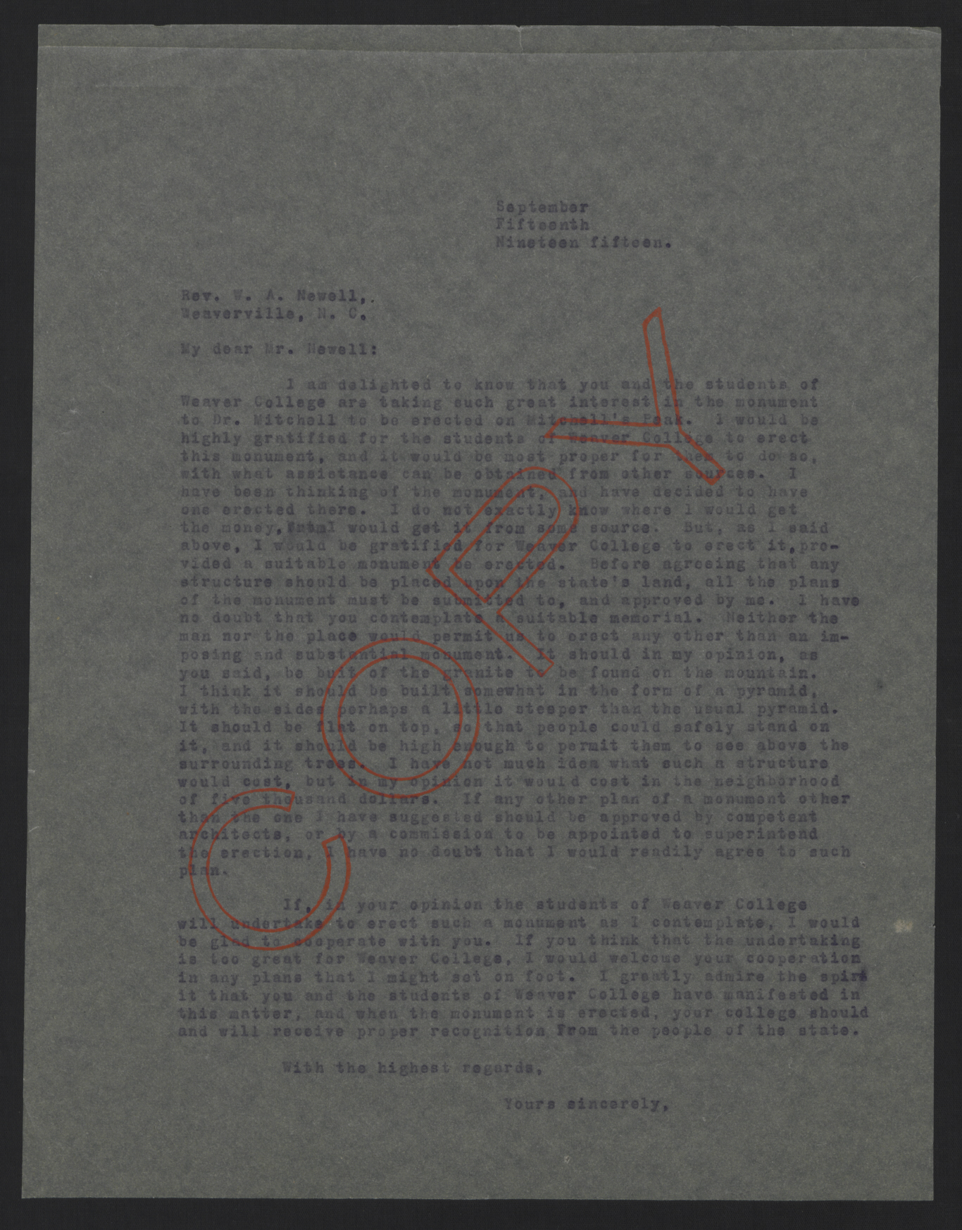 Letter from Craig to Newell, September 15, 1915