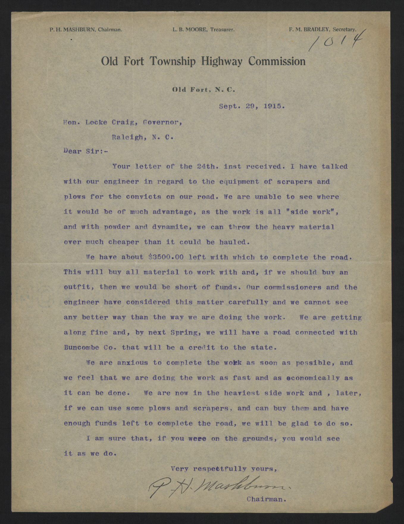 Letter from Mashburn to Craig, September 29, 1915