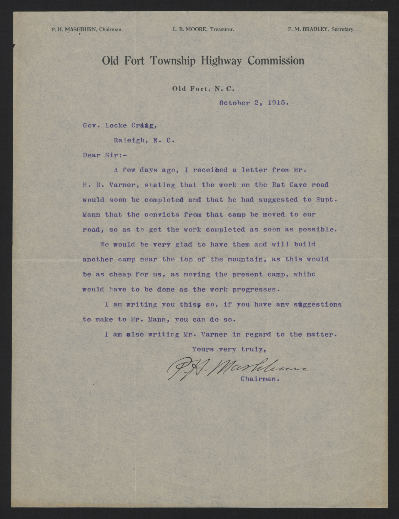 Letter from Mashburn to Craig, 2 October 1915