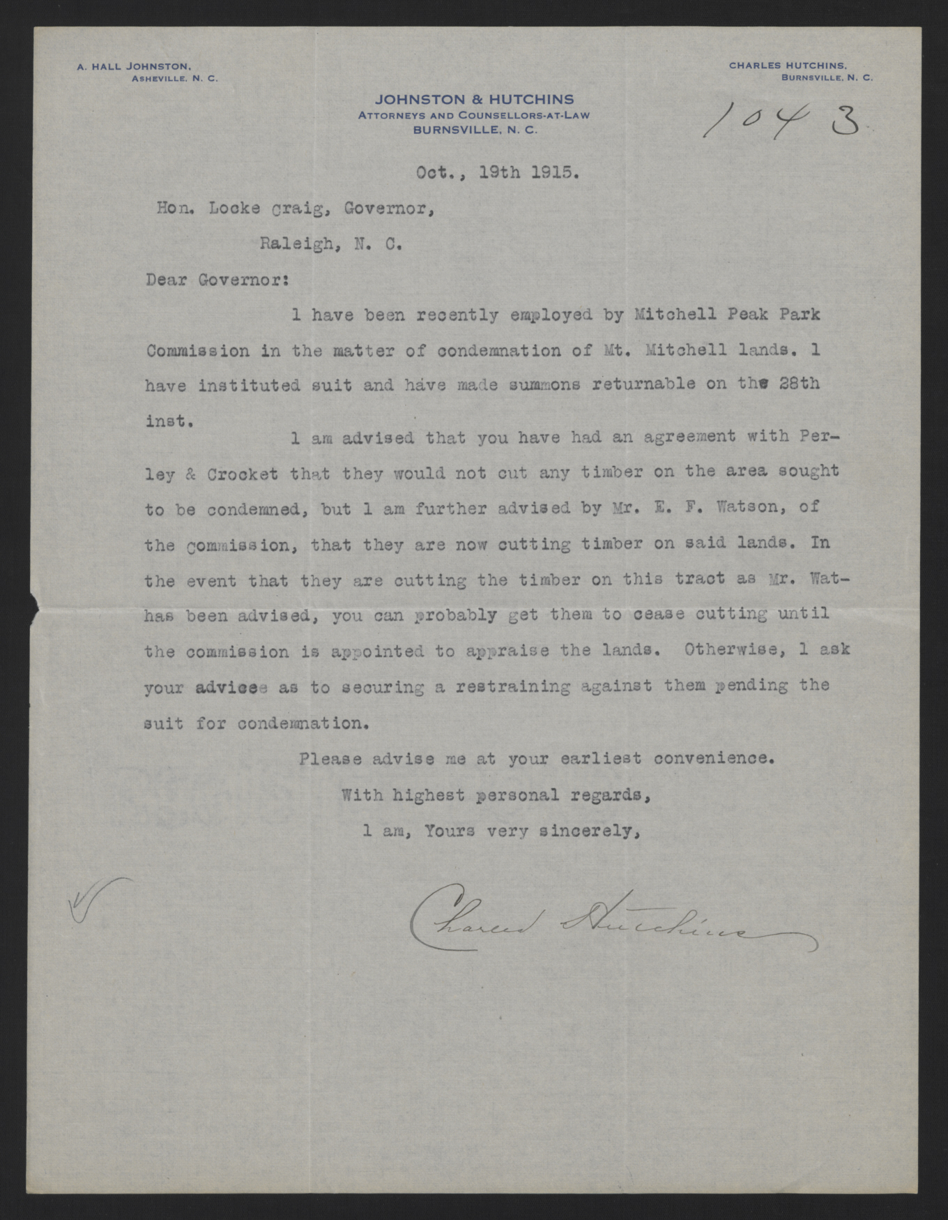 Letter from Hutchins to Craig, October 19, 1915