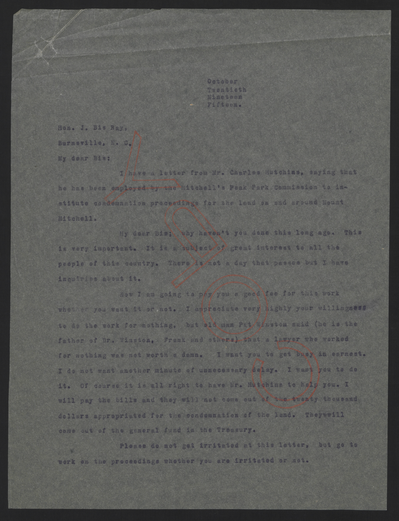Letter from Craig to Ray, October 20, 1915, page 1
