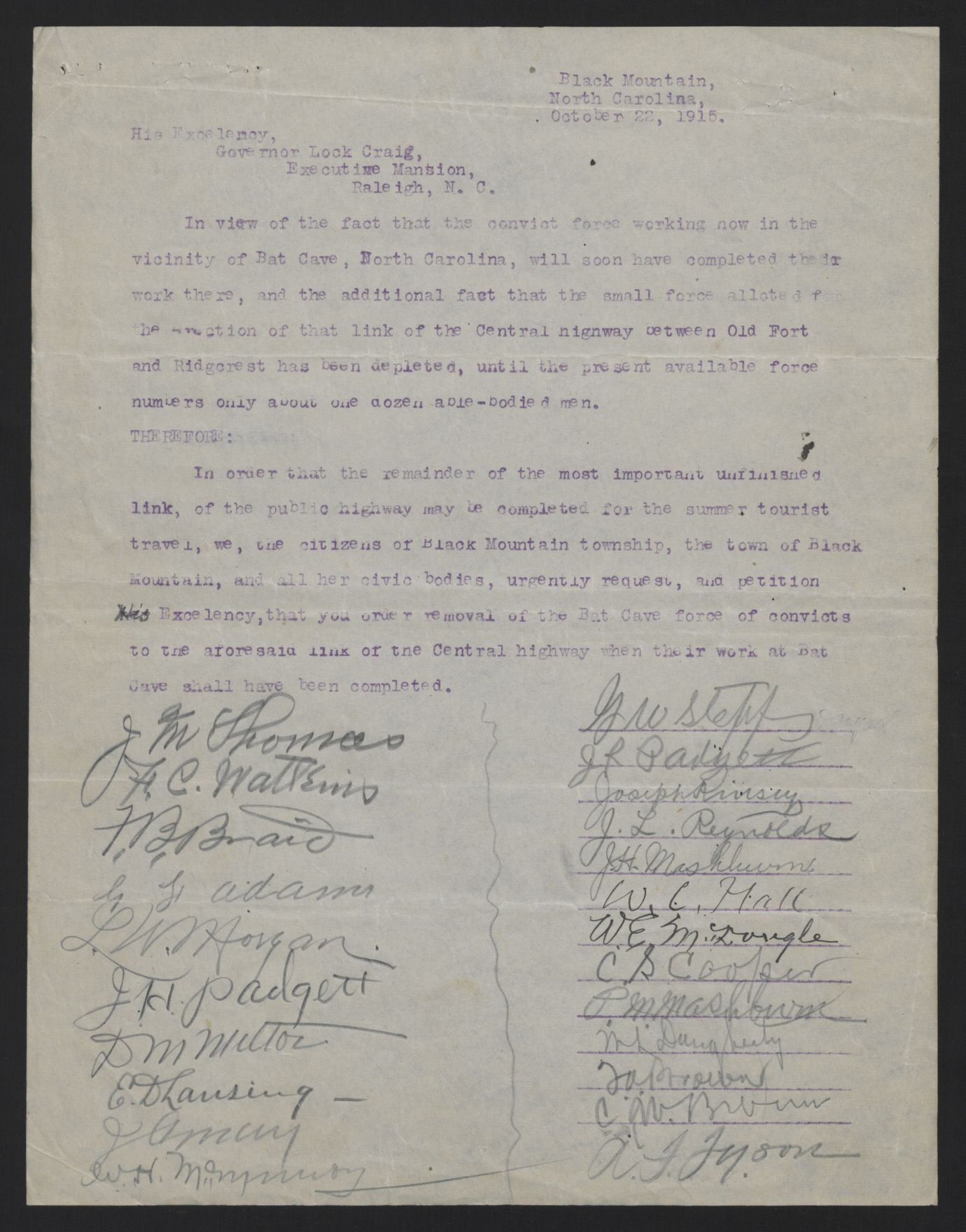 Petition from the Citizens of Black Mountain Township to Locke Craig, October 22, 1915, page 1