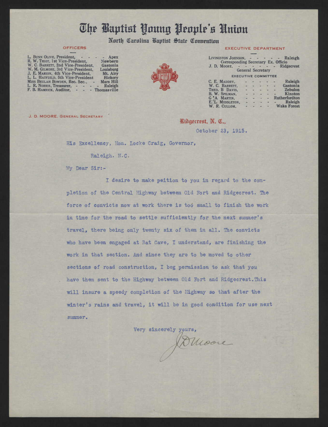 Letter from Moore to Craig, October 23, 1915