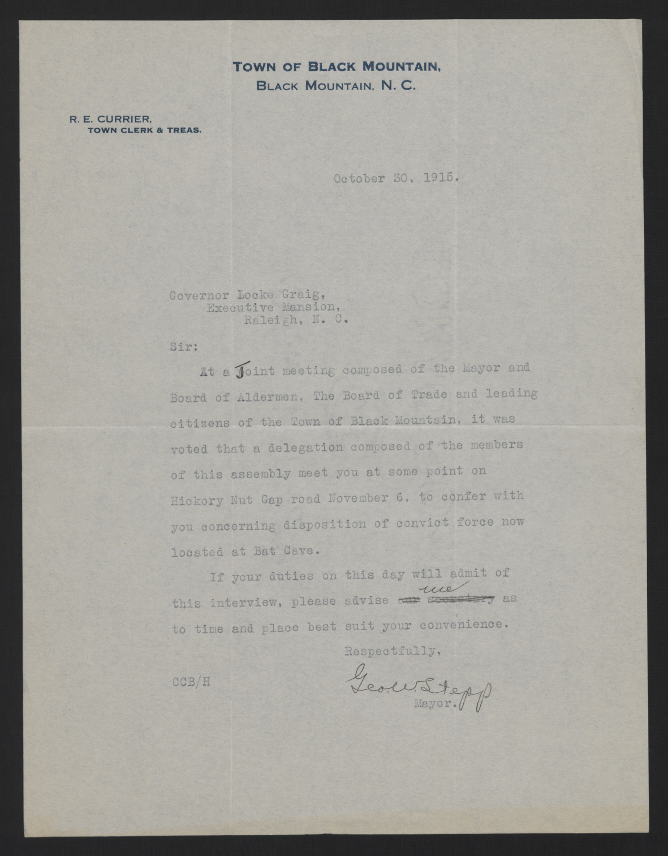 Letter from Stepp to Craig, October 30, 1915