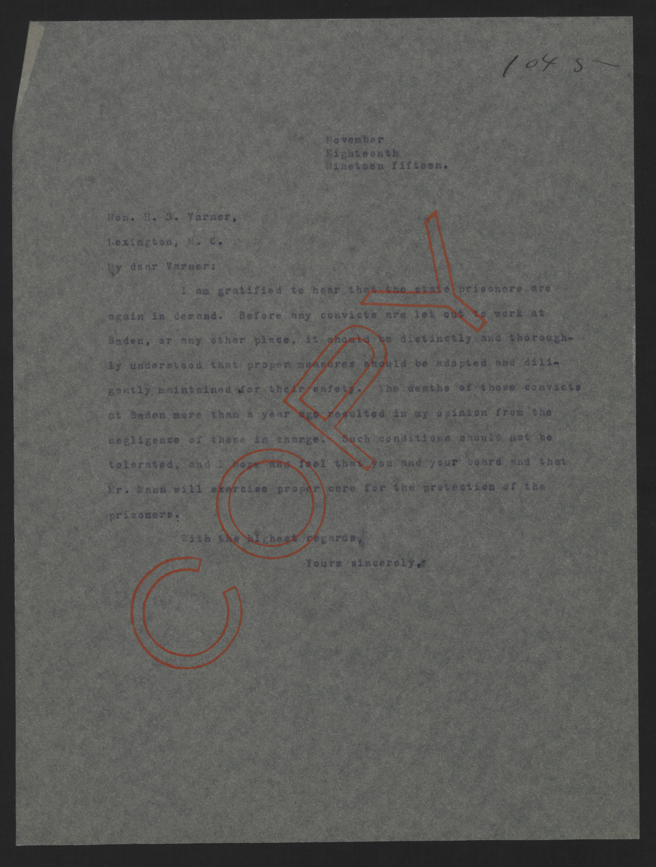 Letter from Craig to Varner, November 18, 1915