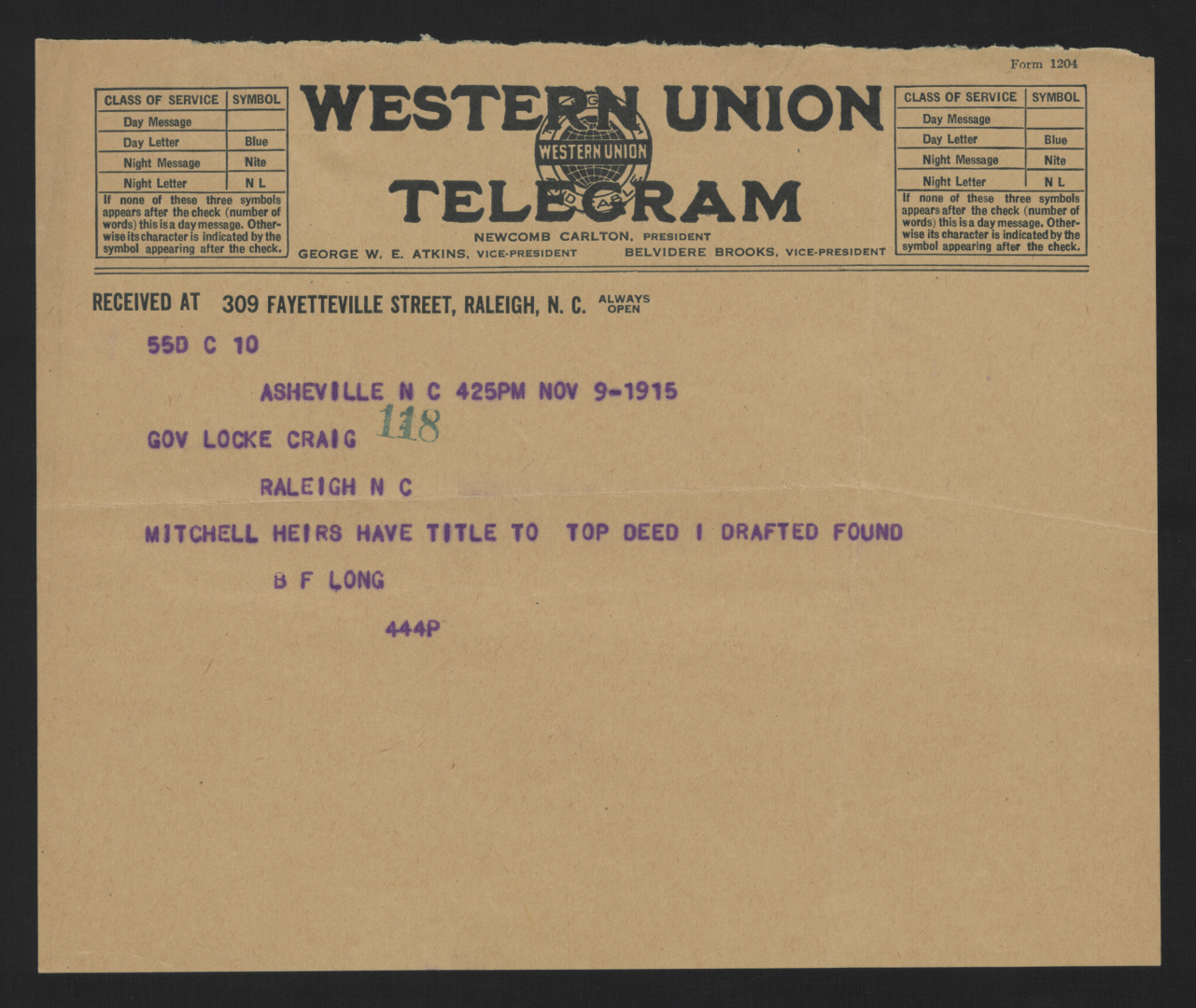 Telegram from Long to Craig, November 9, 1915