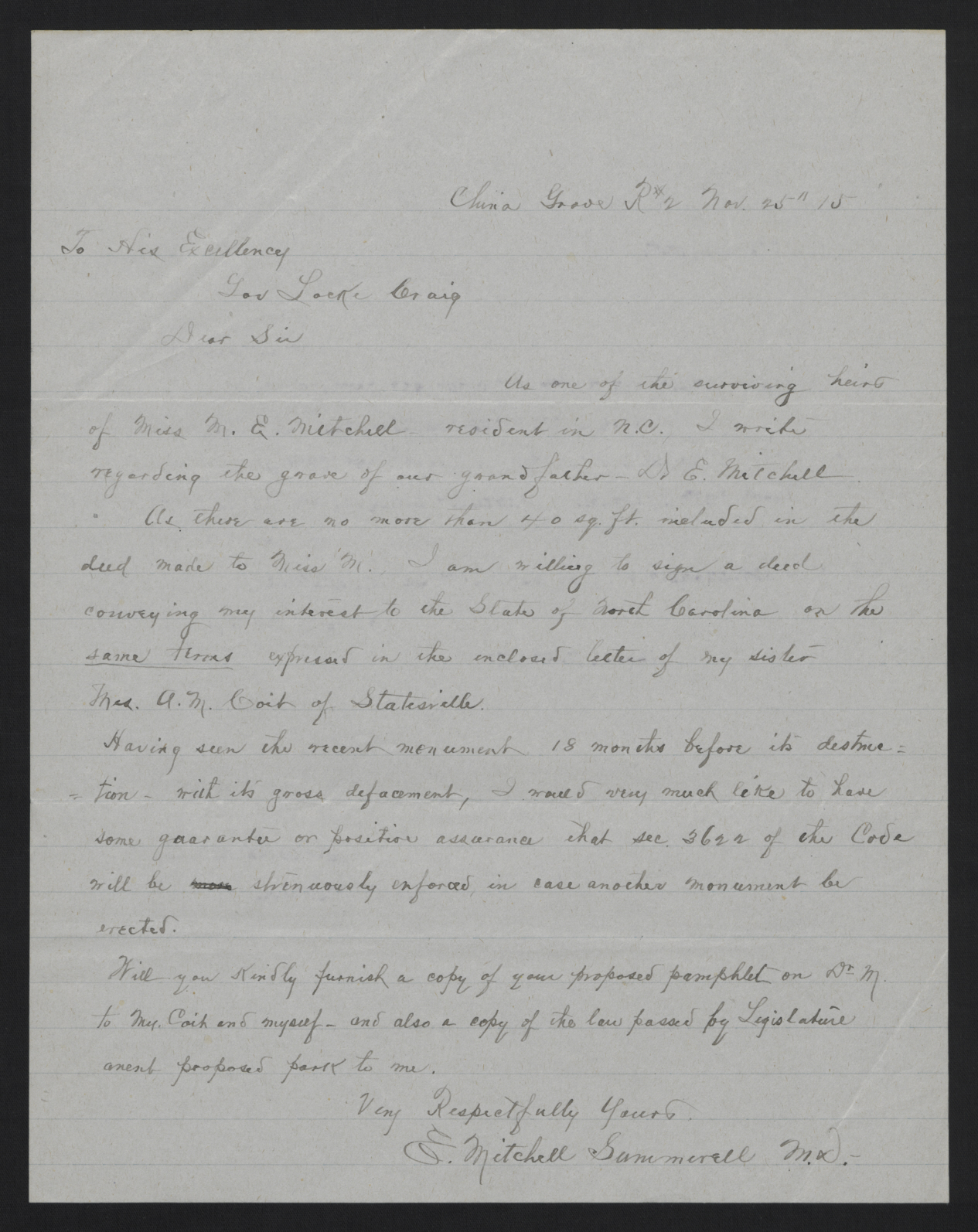 Letter from Summerell to Craig, November 25, 1915