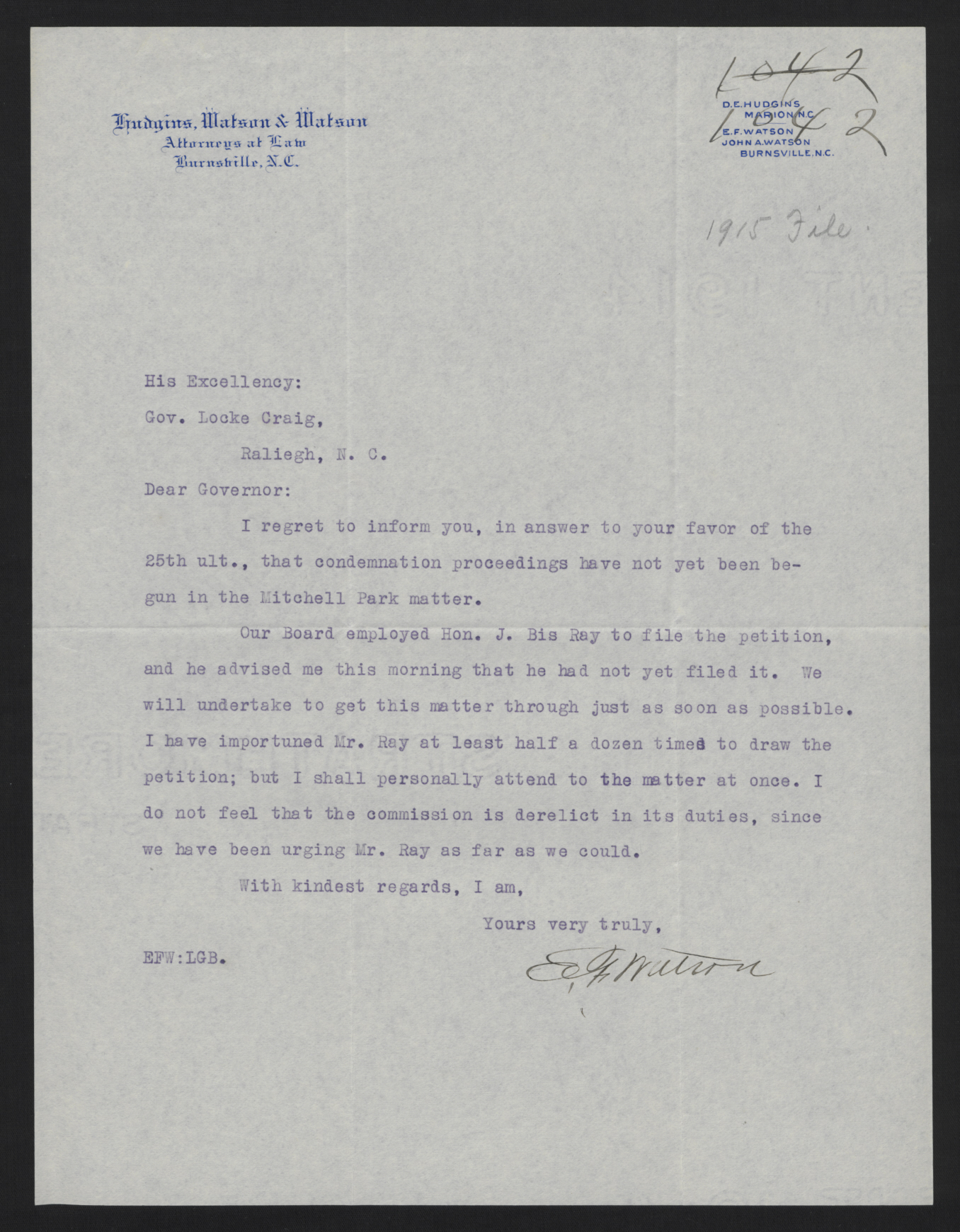 Letter from Watson to Craig, circa 1915