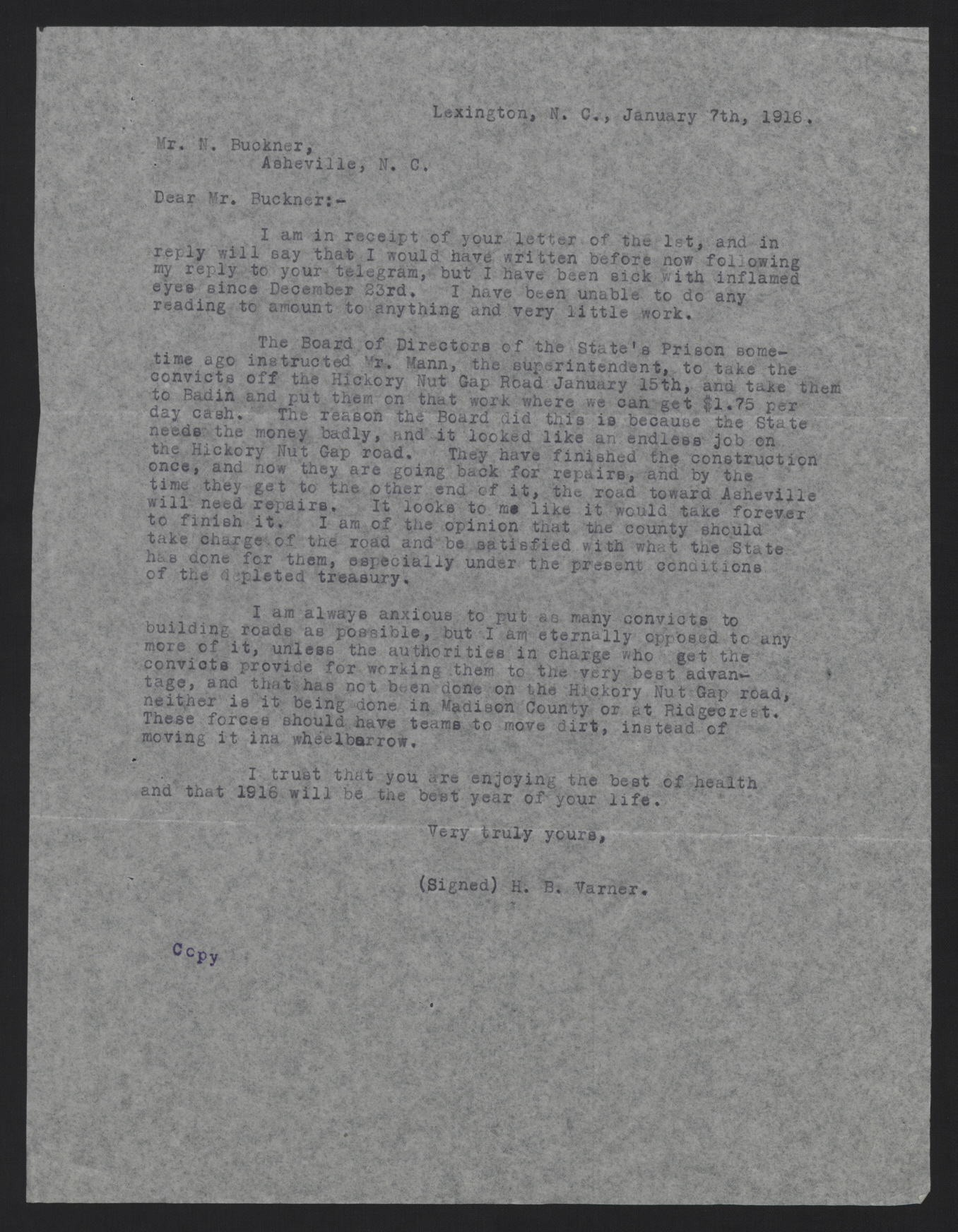 Letter from Varner to Buckner, January 7, 1916