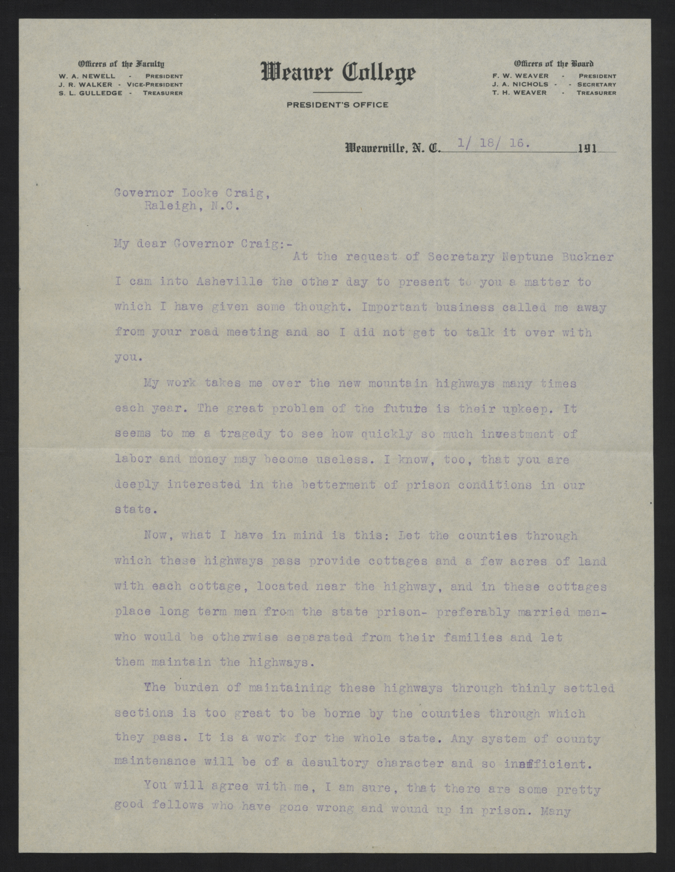 Letter from Newell to Craig, January 18, 1916, page 1