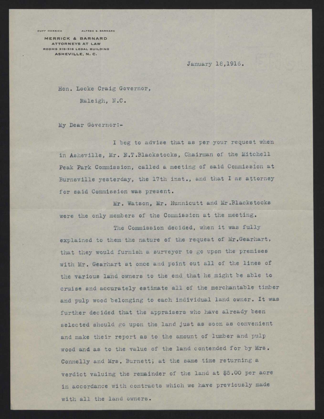 Letter from Johnston to Craig, January 18, 1916, page 1