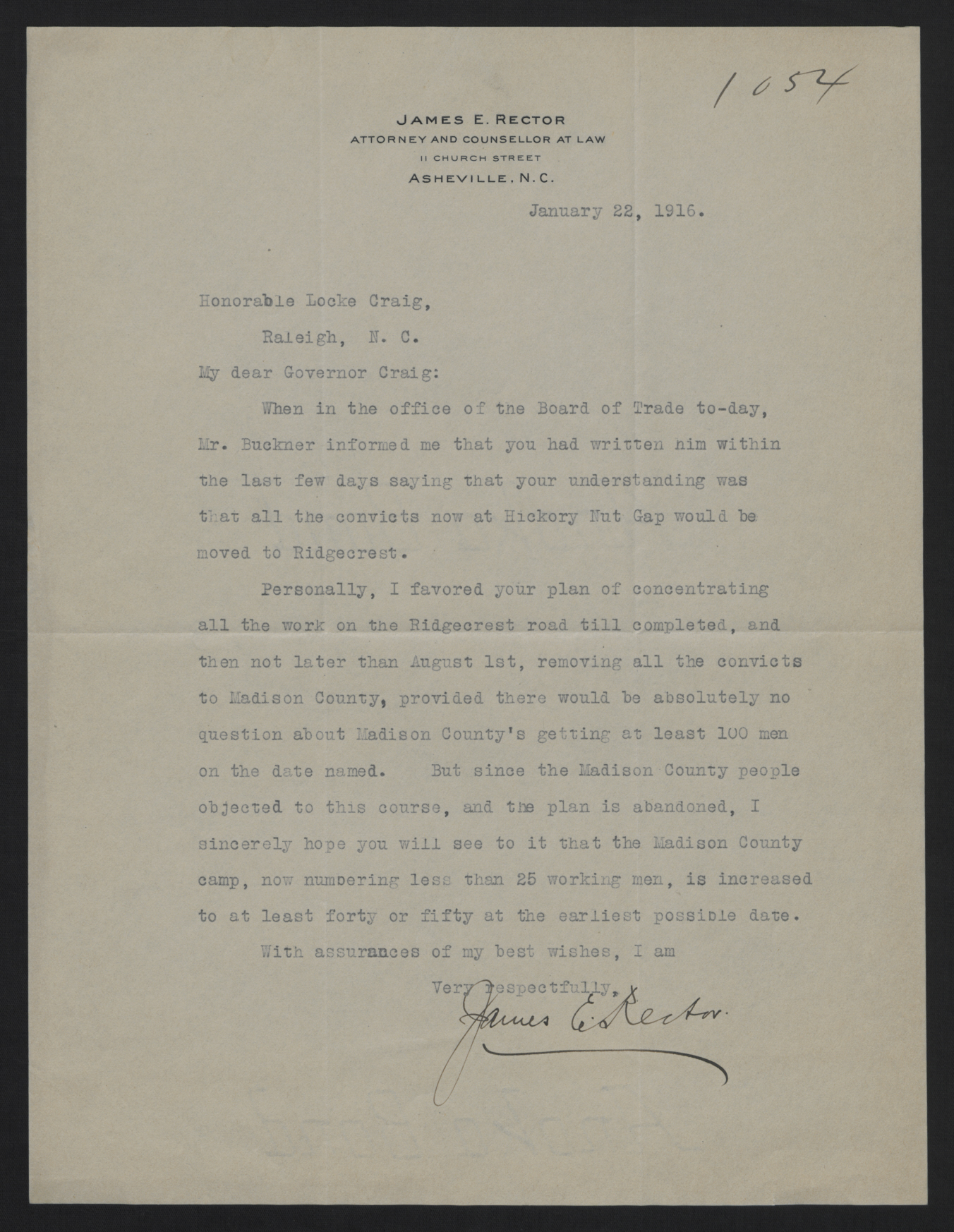 Letter from Rector to Craig, January 22, 1916