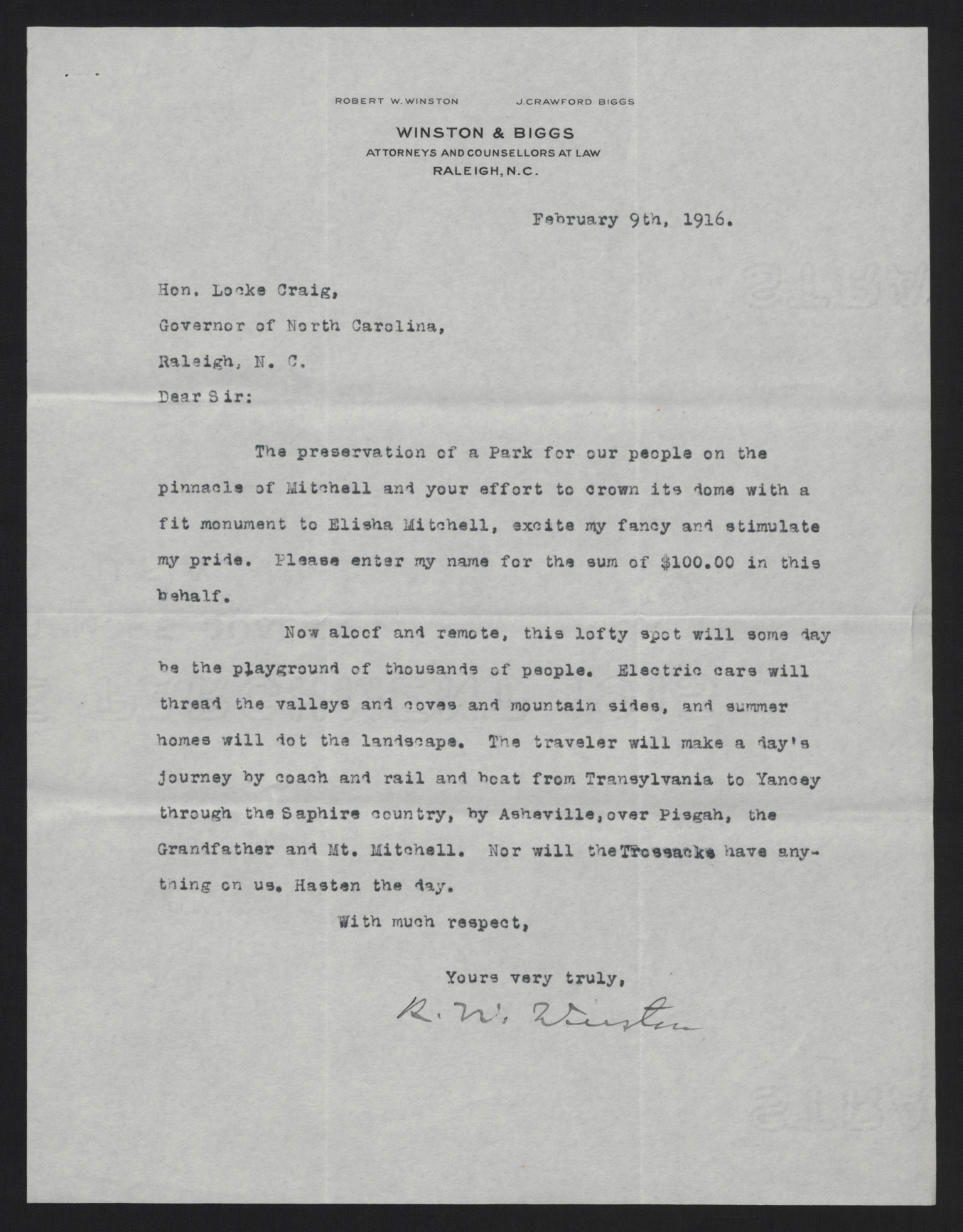 Letter from Winston to Craig, February 9, 1916