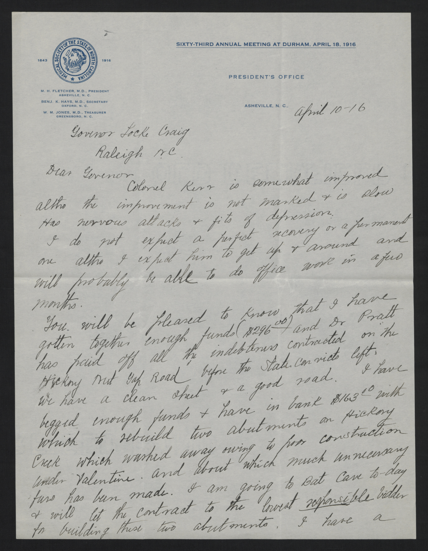 Letter from Fletcher to Craig, April 10, 1916, page 1