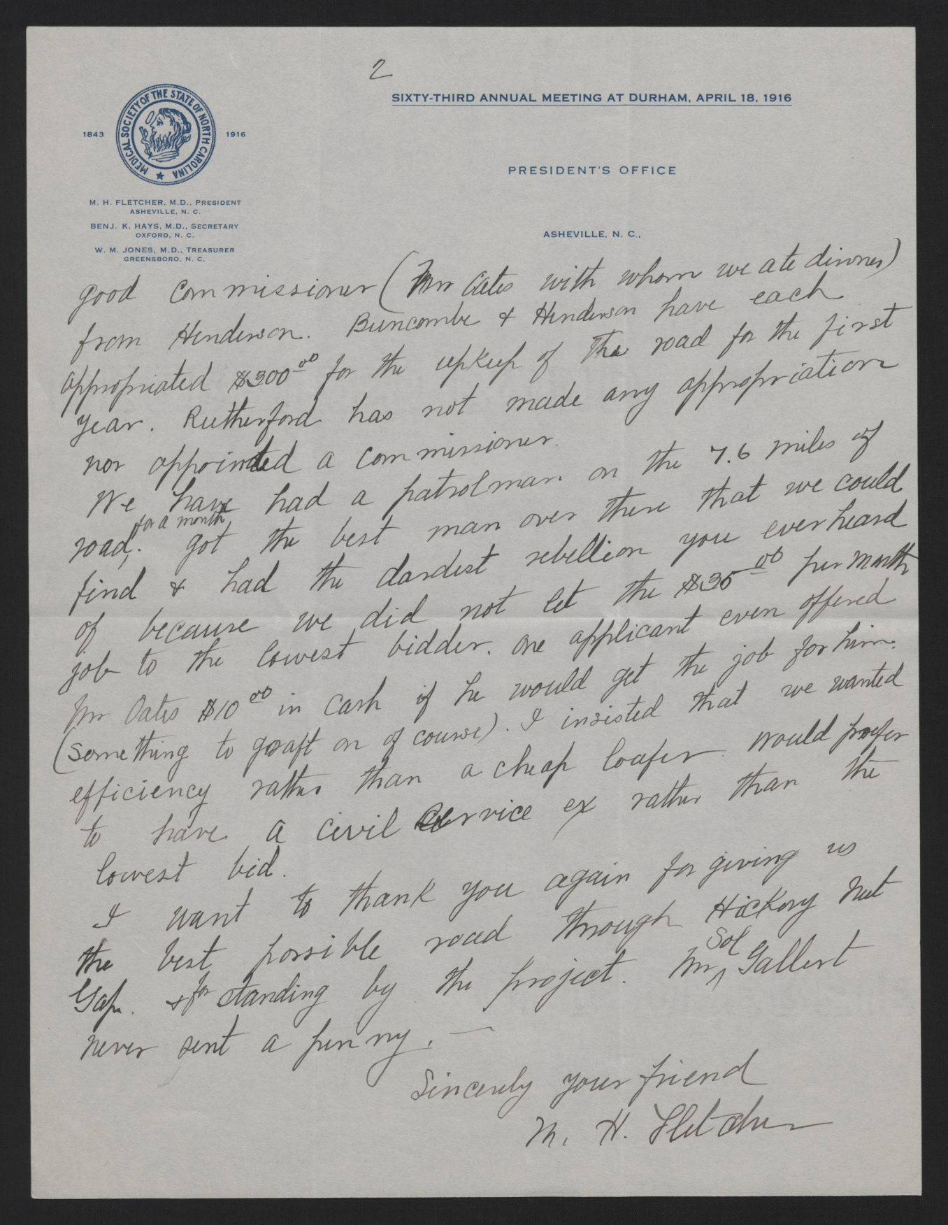Letter from Fletcher to Craig, April 10, 1916, page 2