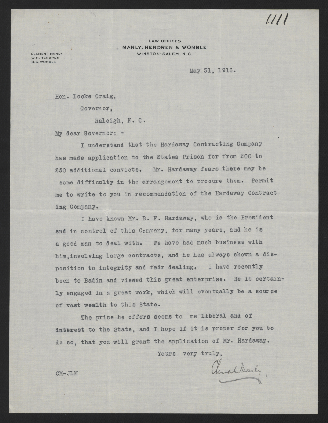 Letter from Manly to Craig, May 31, 1916