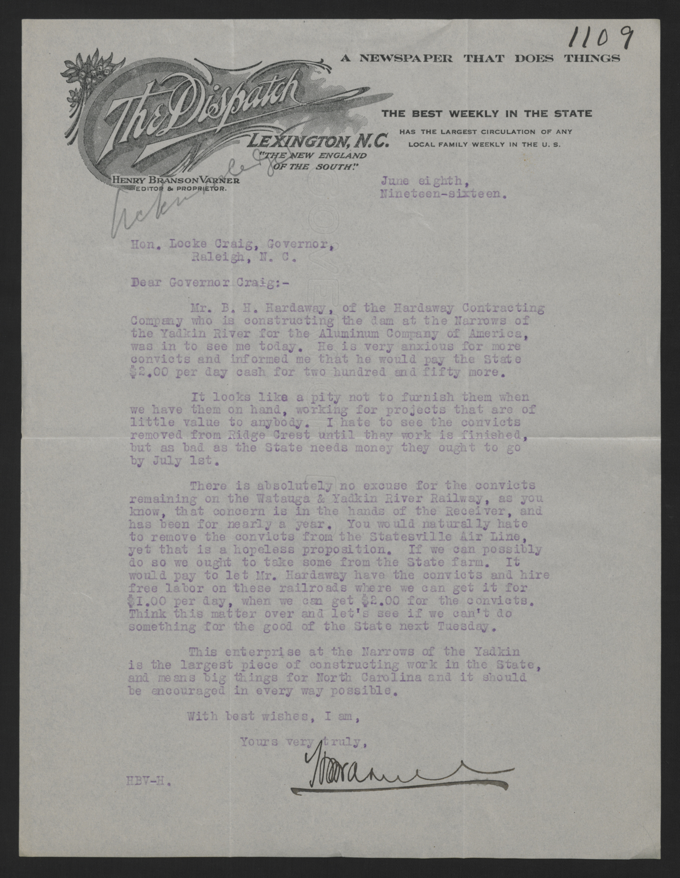 Letter from Varner to Craig, June 8, 1916