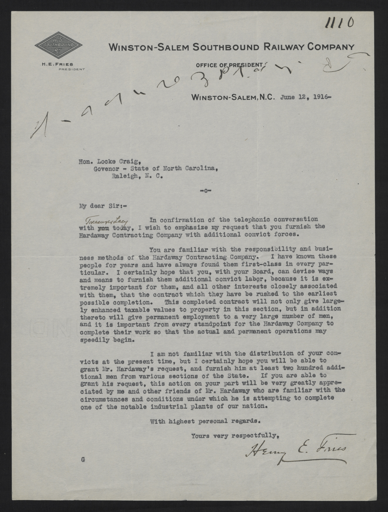 Letter from Fries to Craig, June 12, 1916