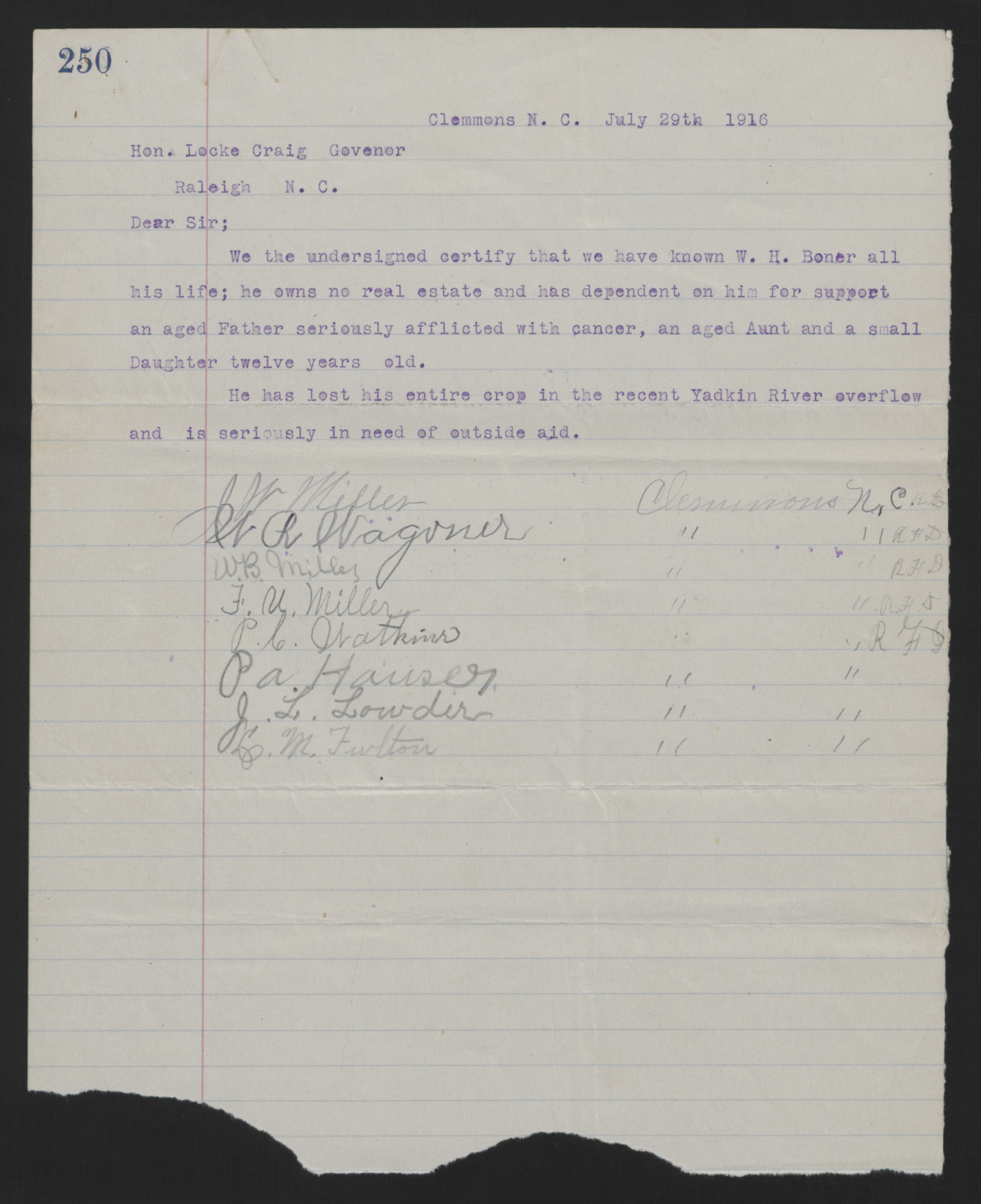 Letter from Citizens in Clemmons to Locke Craig, July 29, 1916