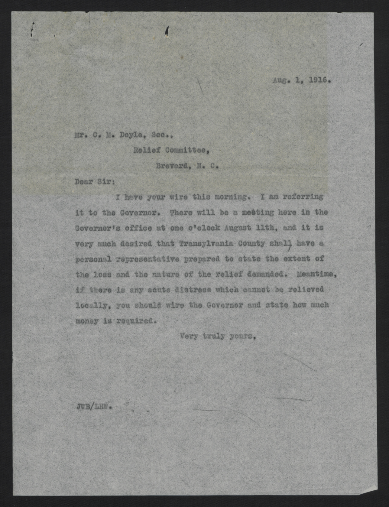 Letter from Bailey to Doyle, August 1, 1916