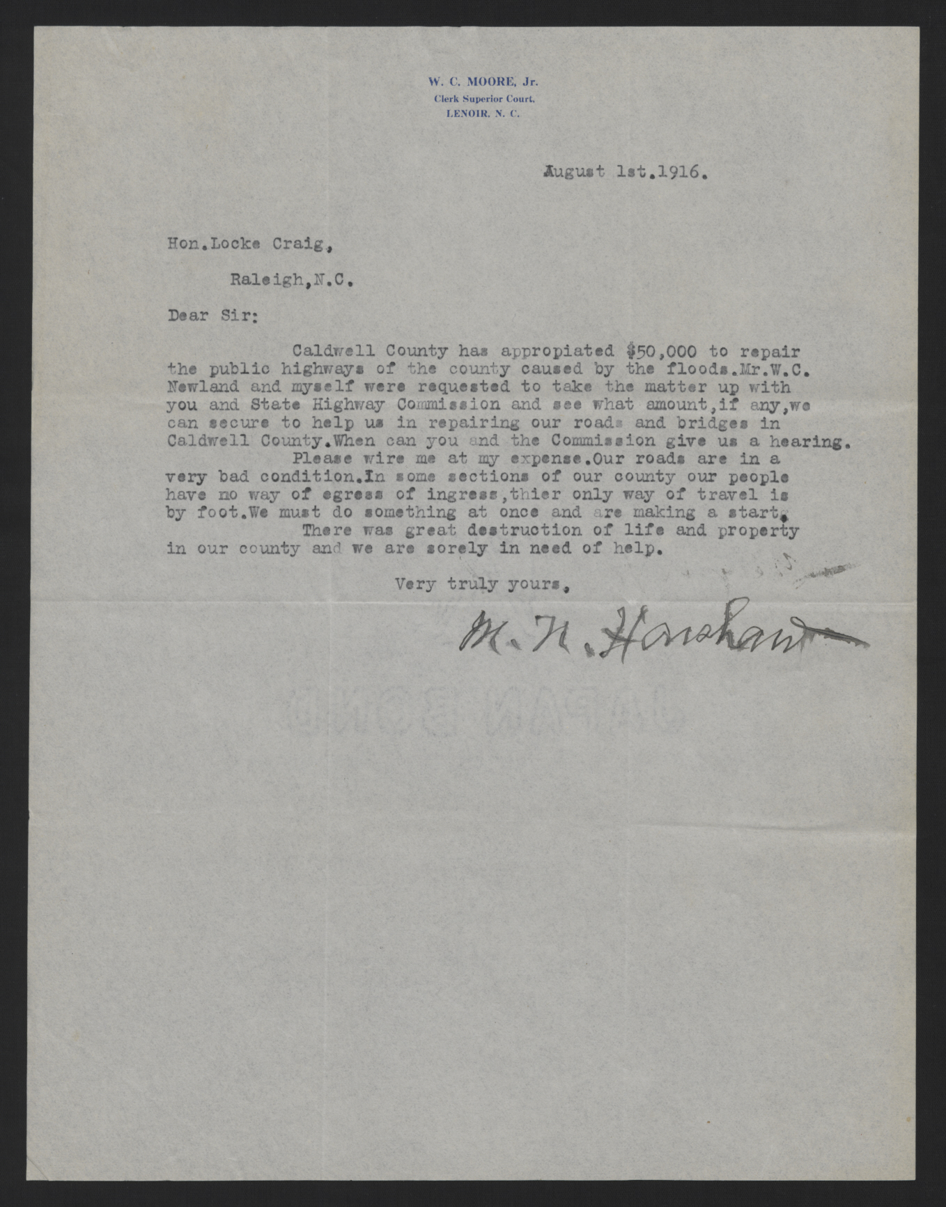 Letter from Harshaw to Craig, August 1, 1916