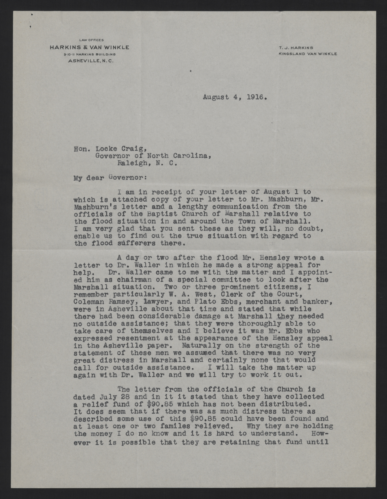 Letter from Harkins to Craig, August 4, 1916, page 1